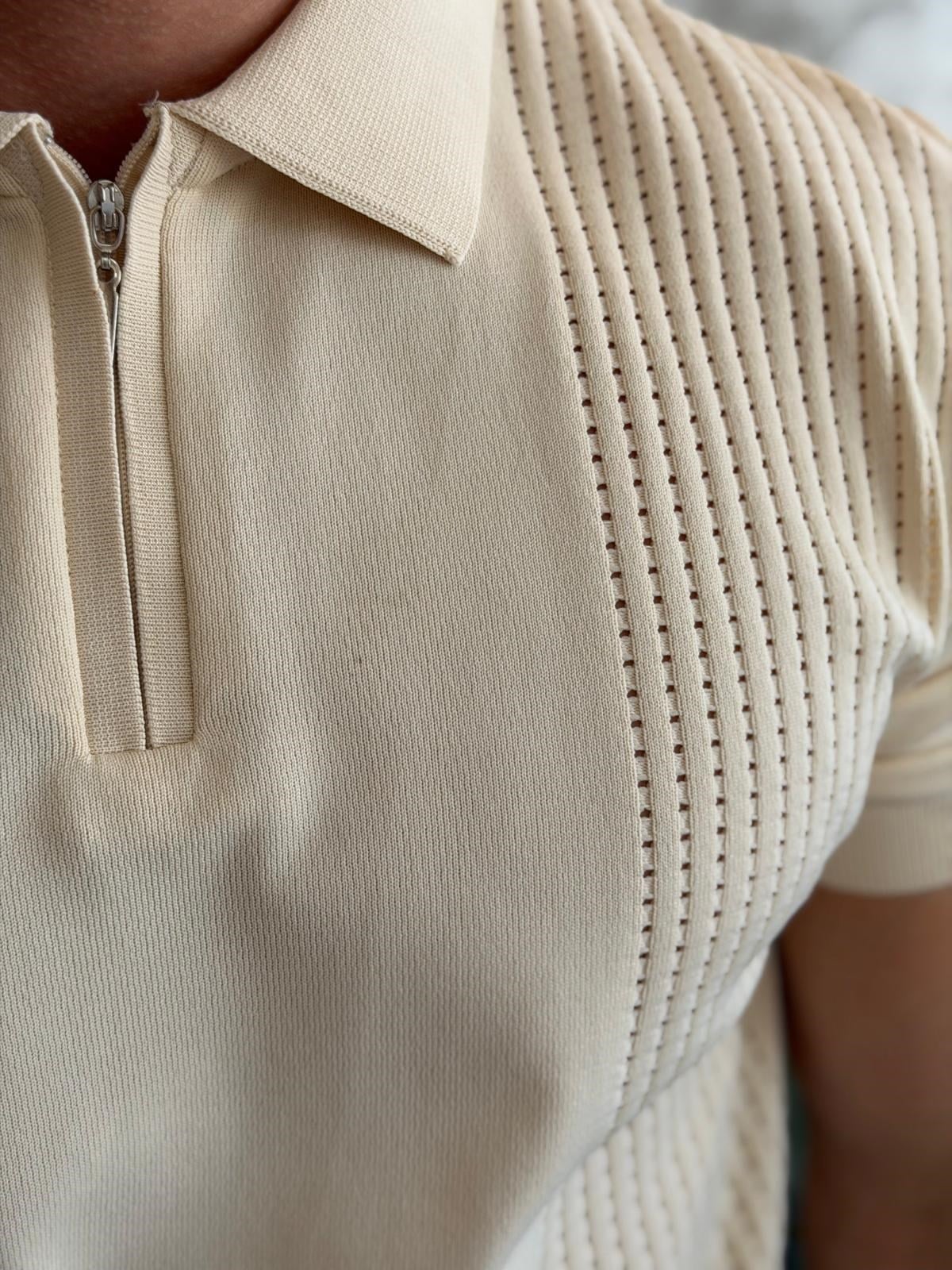 Erkek Ajur Detaylı  Regular Fit Fermuarlı Polo Yaka Tshirt Tereyağı Sarı  Eca081