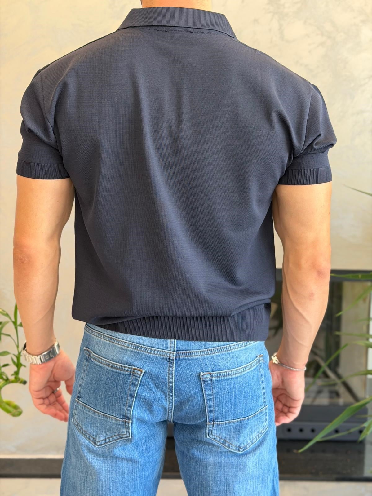 Erkek Ajur Detaylı  Regular Fit Fermuarlı Polo Yaka Tshirt Lacivert  Eca081