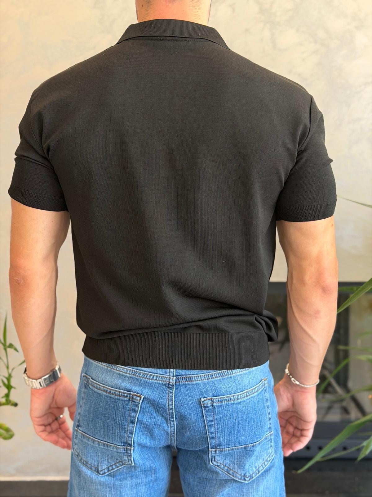 Erkek Ajur Detaylı  Regular Fit Fermuarlı Polo Yaka Tshirt Siyah Eca081
