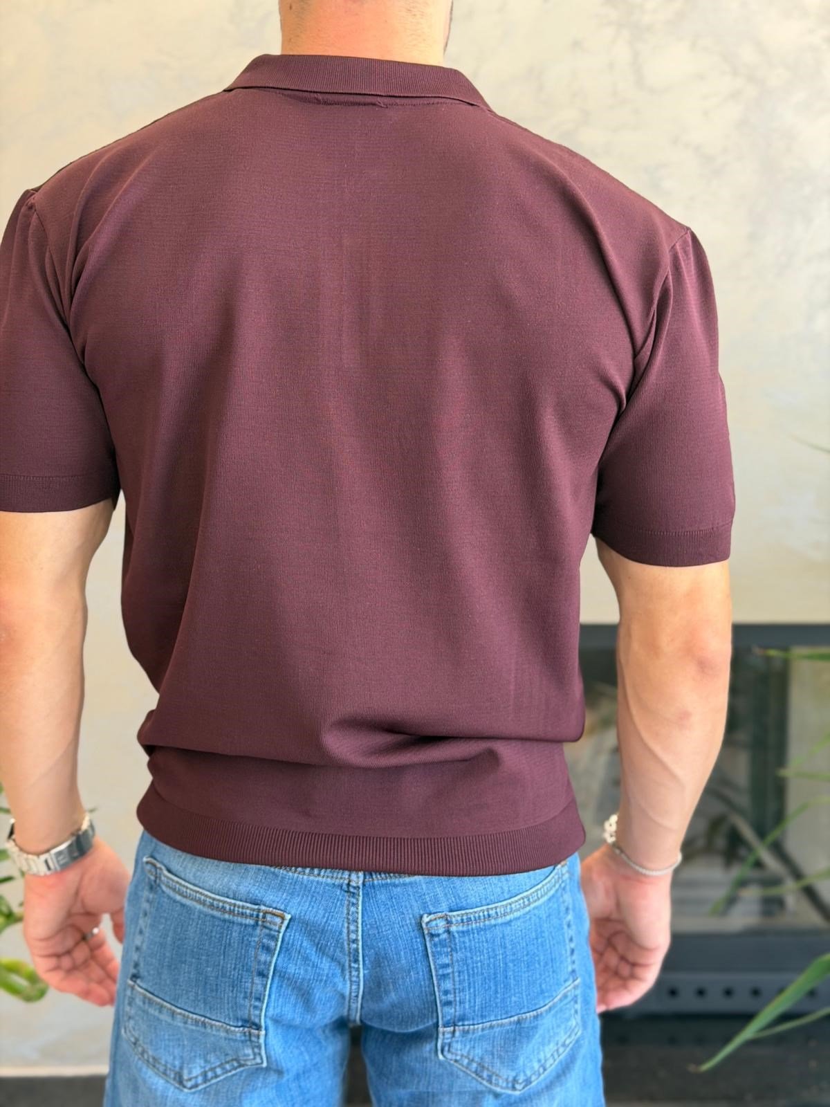 Erkek Ajur Detaylı  Regular Fit Fermuarlı Polo Yaka Tshirt Bordo Eca081