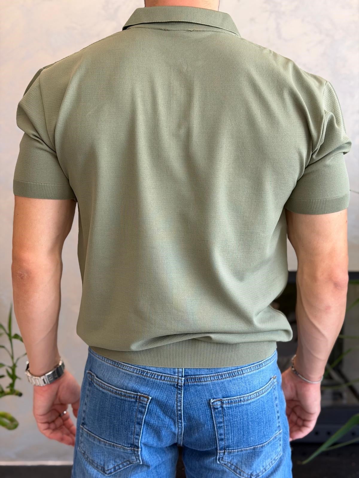 Erkek Ajur Detaylı  Regular Fit Fermuarlı Polo Yaka Tshirt Haki Eca081