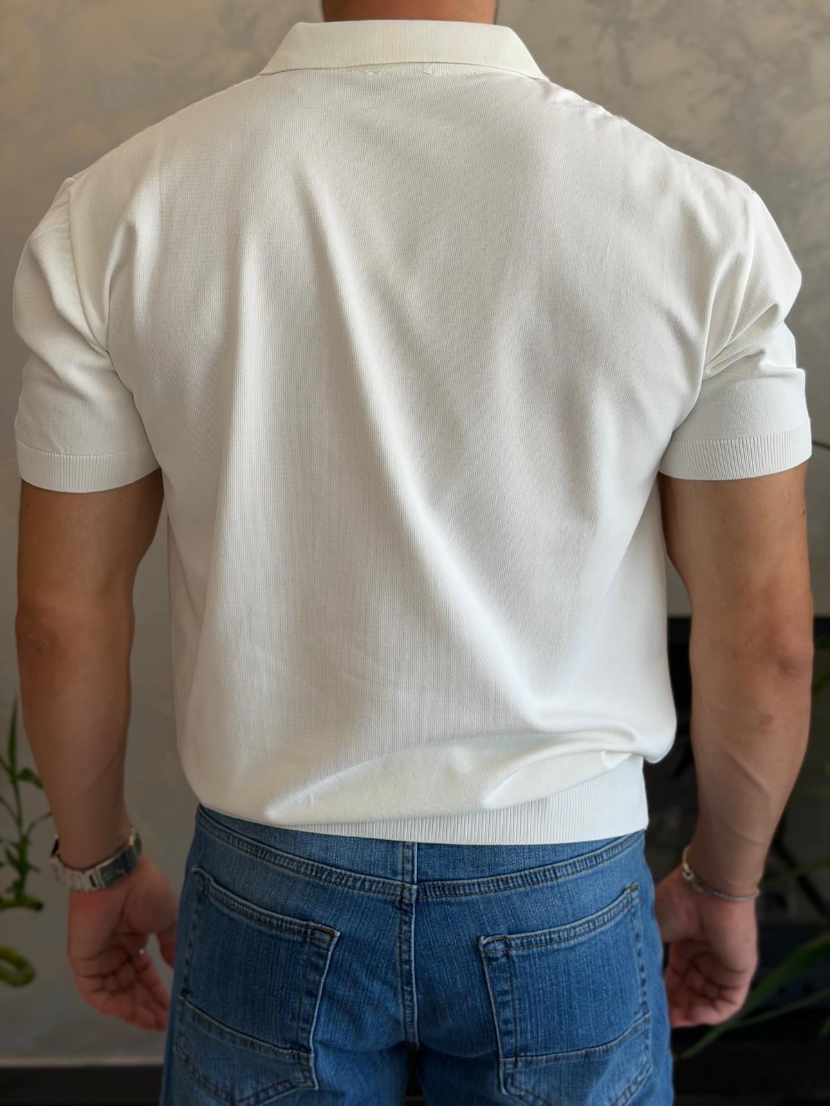 Erkek Ajur Detaylı  Regular Fit Fermuarlı Polo Yaka Tshirt Beyaz Eca081