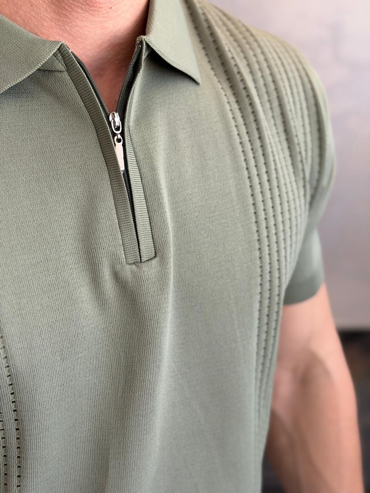 Erkek Ajur Detaylı  Regular Fit Fermuarlı Polo Yaka Tshirt Haki Eca081