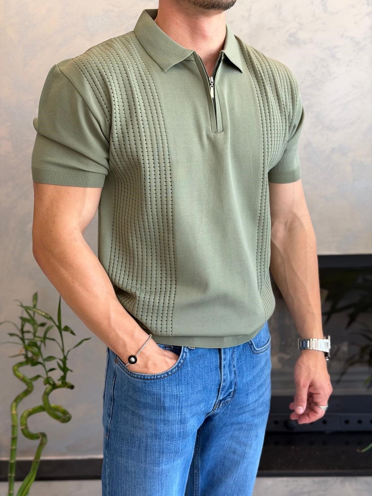 Erkek Ajur Detaylı  Regular Fit Fermuarlı Polo Yaka Tshirt Haki Eca081