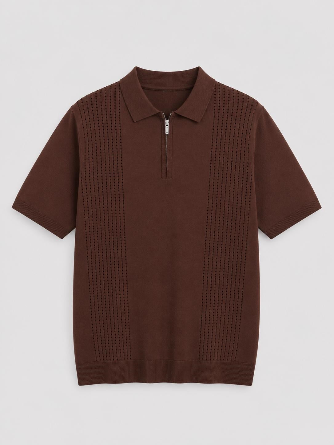 Erkek Ajur Detaylı  Regular Fit Fermuarlı Polo Yaka Tshirt Acı Kahve  Eca081