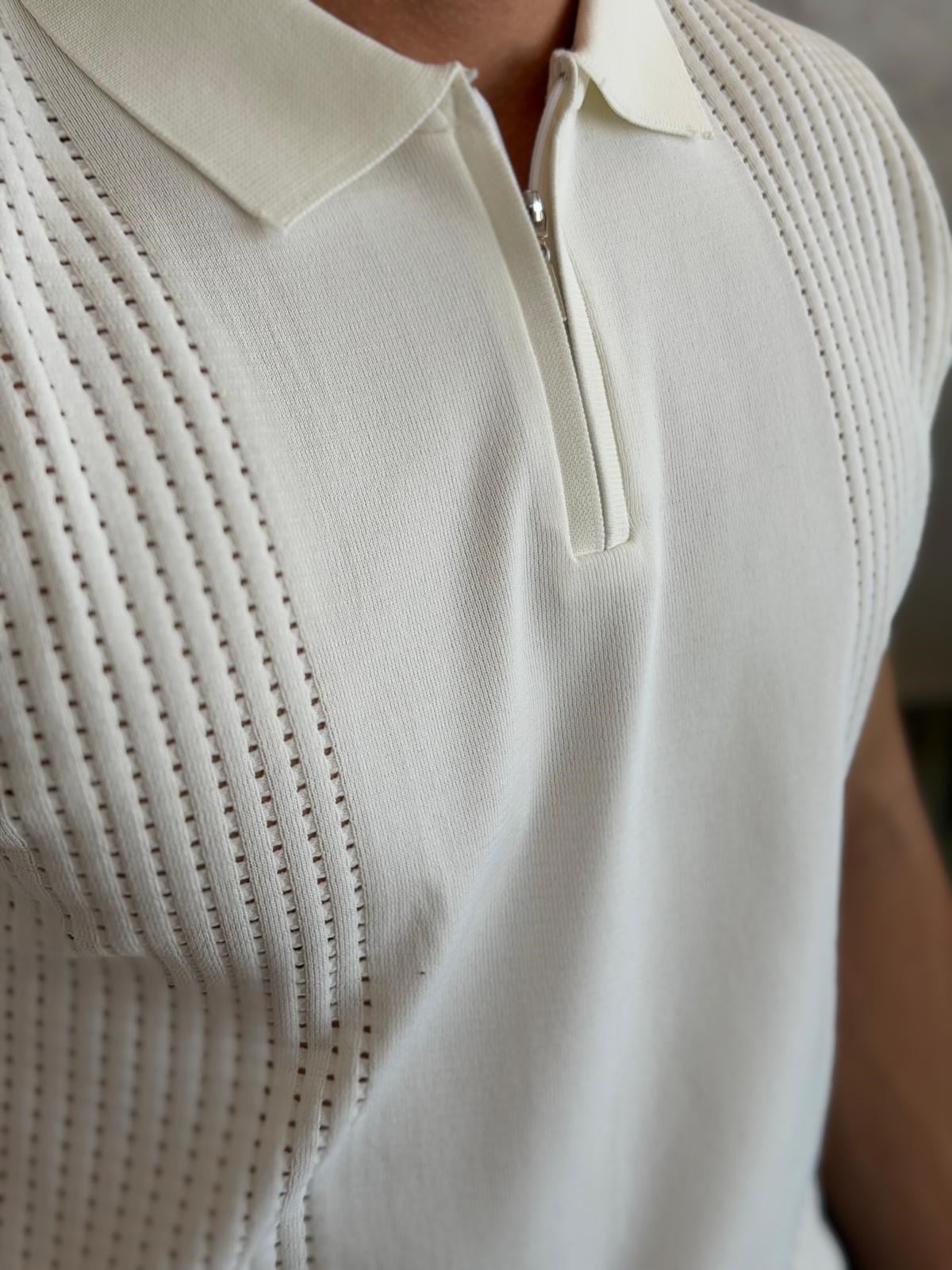 Erkek Ajur Detaylı  Regular Fit Fermuarlı Polo Yaka Tshirt Beyaz Eca081