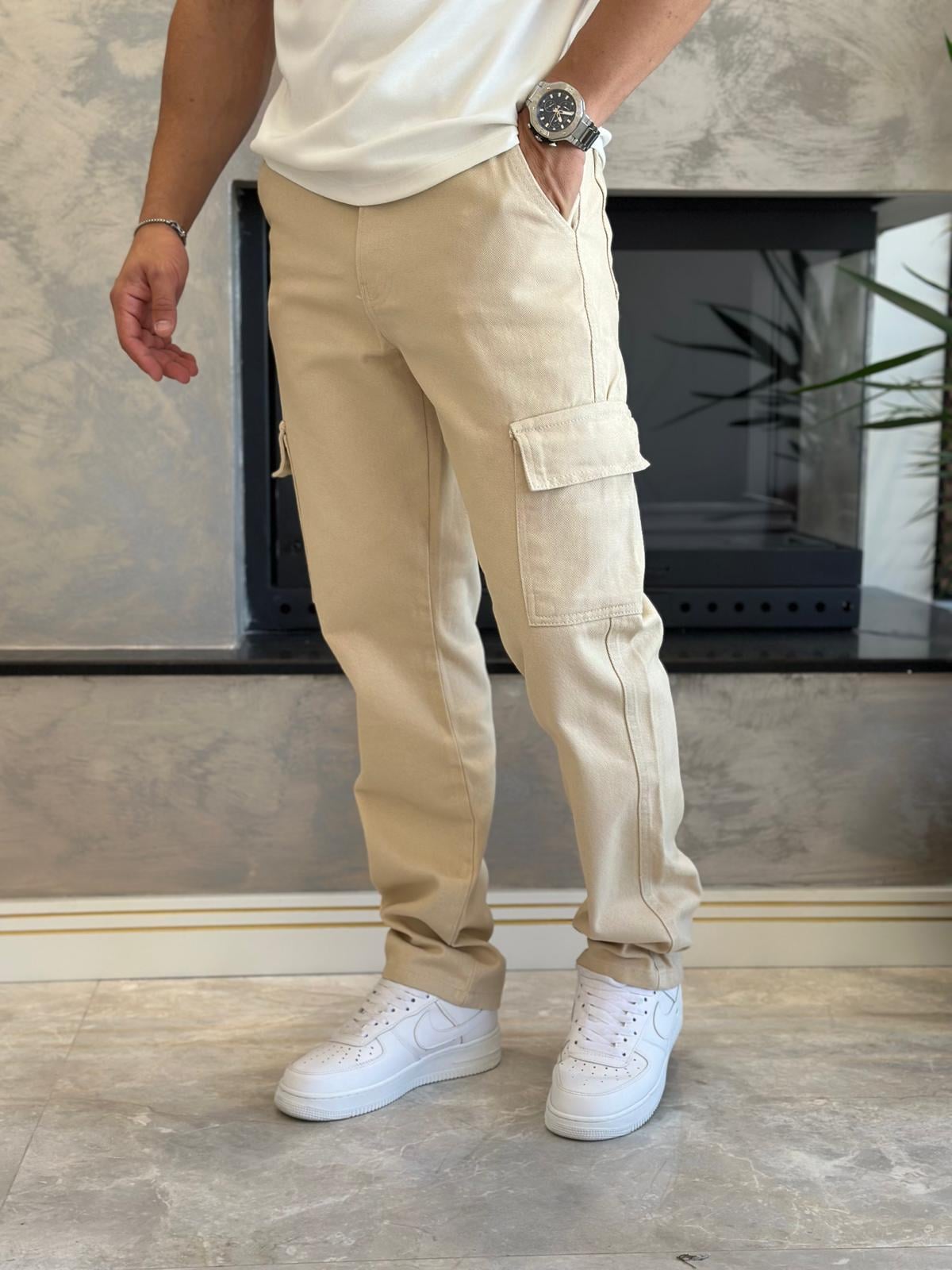 Erkek Baggy Kalıp Denim Kargo Pantolon Bej Eca038