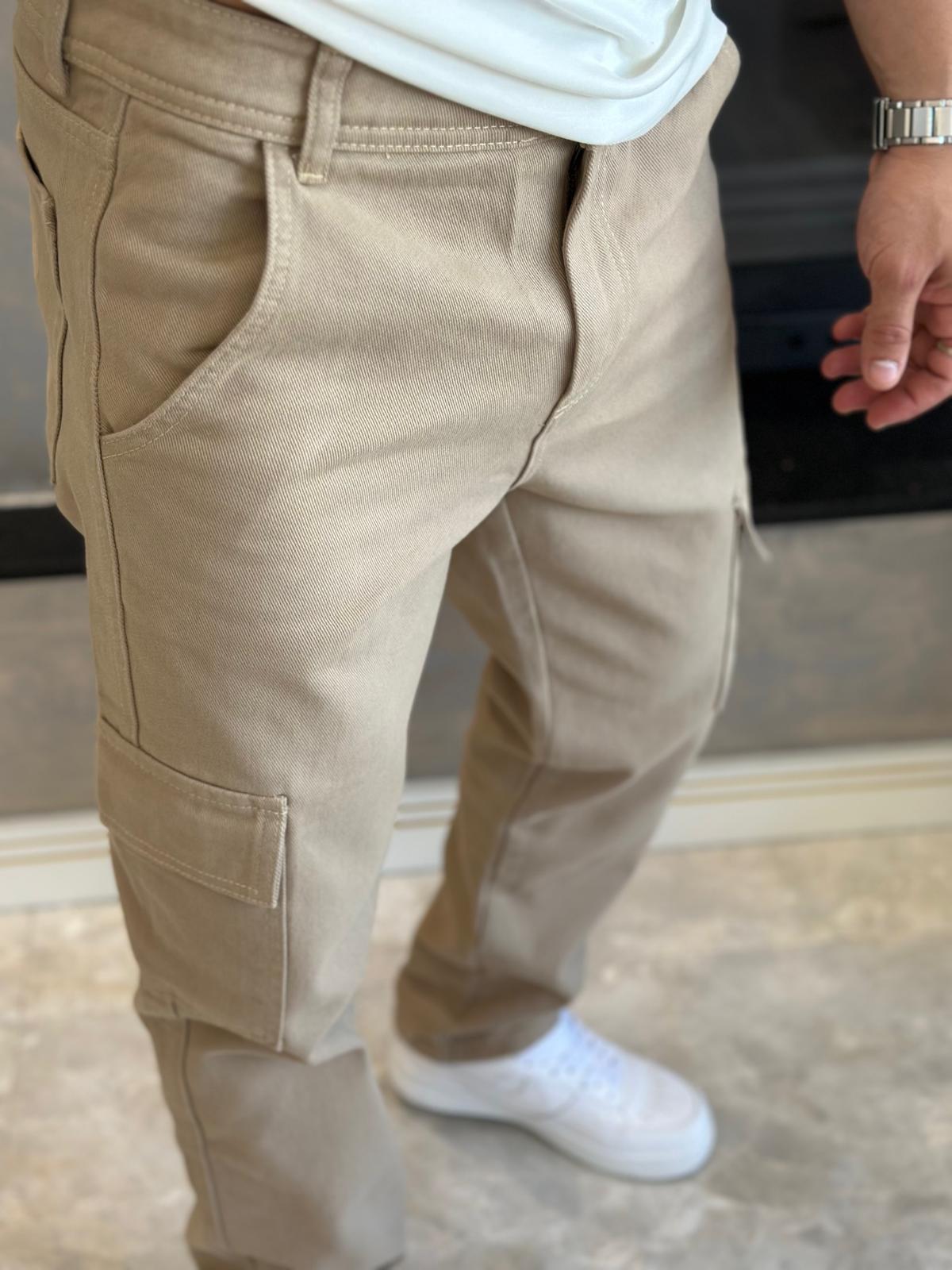 Erkek Baggy Kalıp Denim Kargo Pantolon Sütlü Kahve Eca038