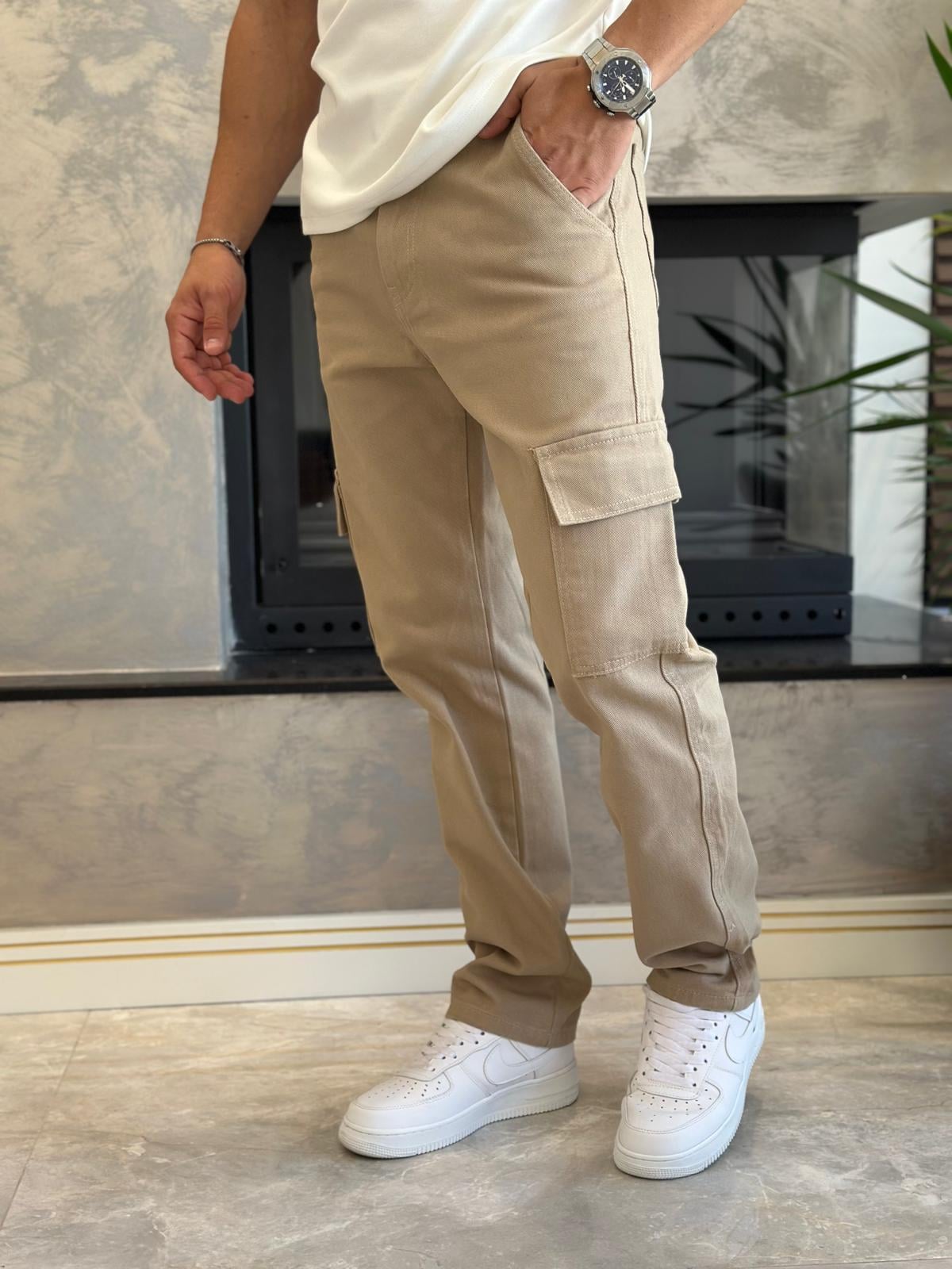 Erkek Baggy Kalıp Denim Kargo Pantolon Sütlü Kahve Eca038