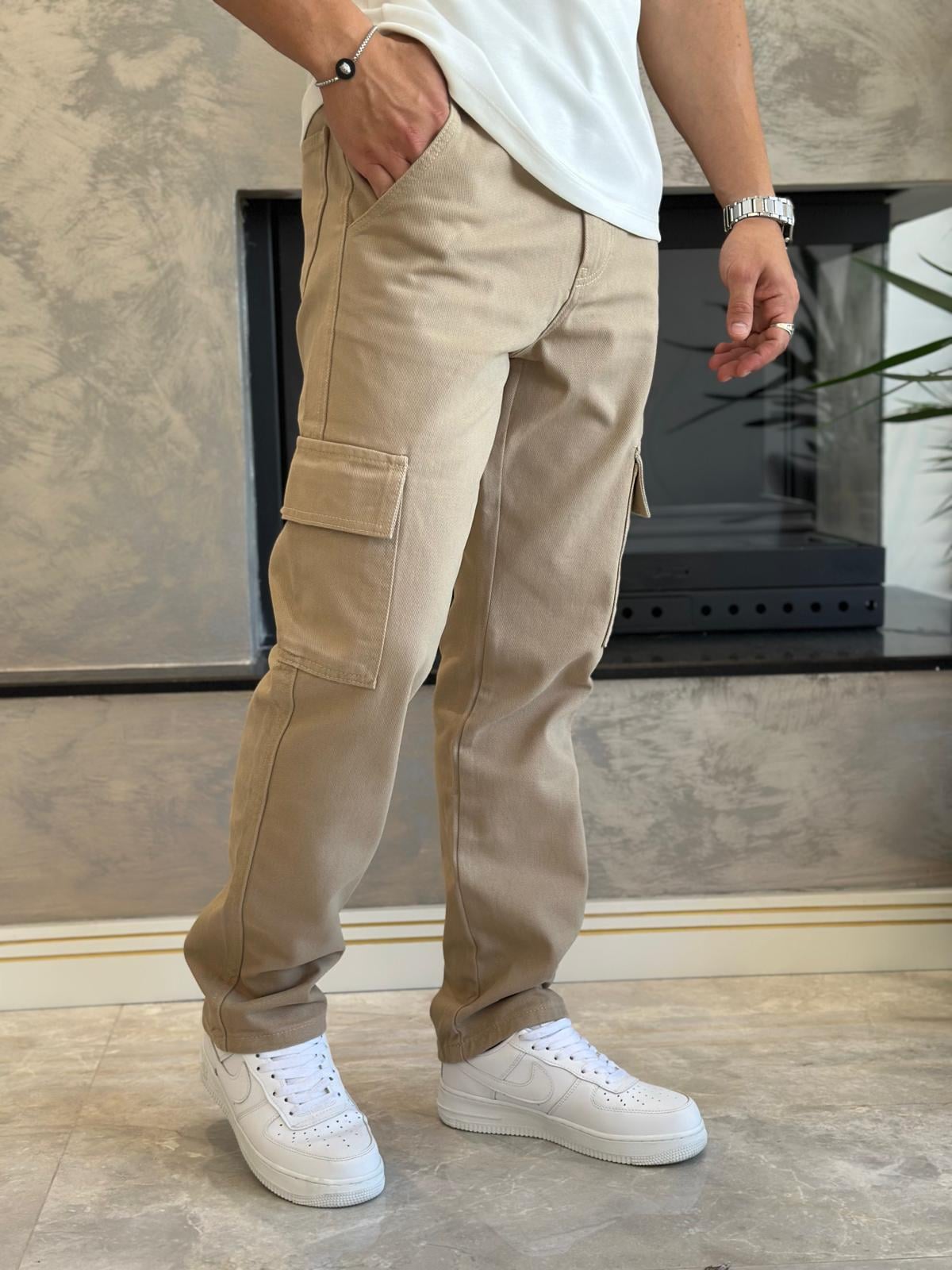 Erkek Baggy Kalıp Denim Kargo Pantolon Sütlü Kahve Eca038