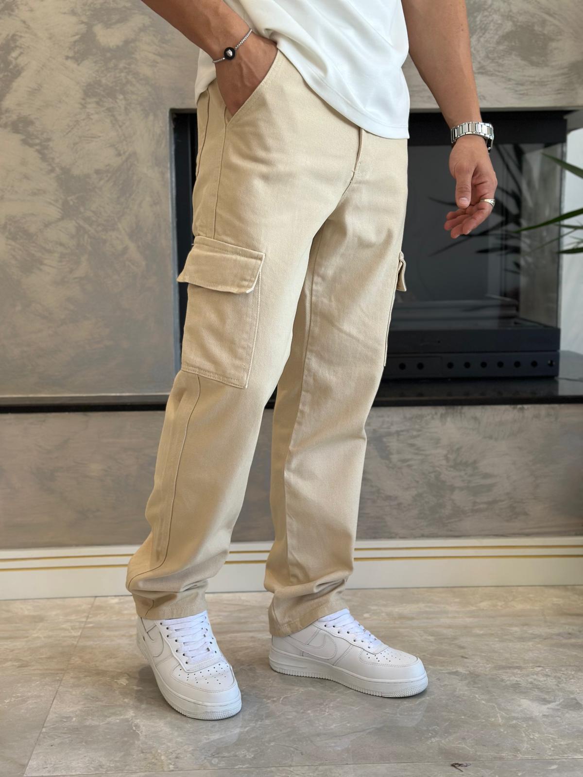 Erkek Baggy Kalıp Denim Kargo Pantolon Bej Eca038
