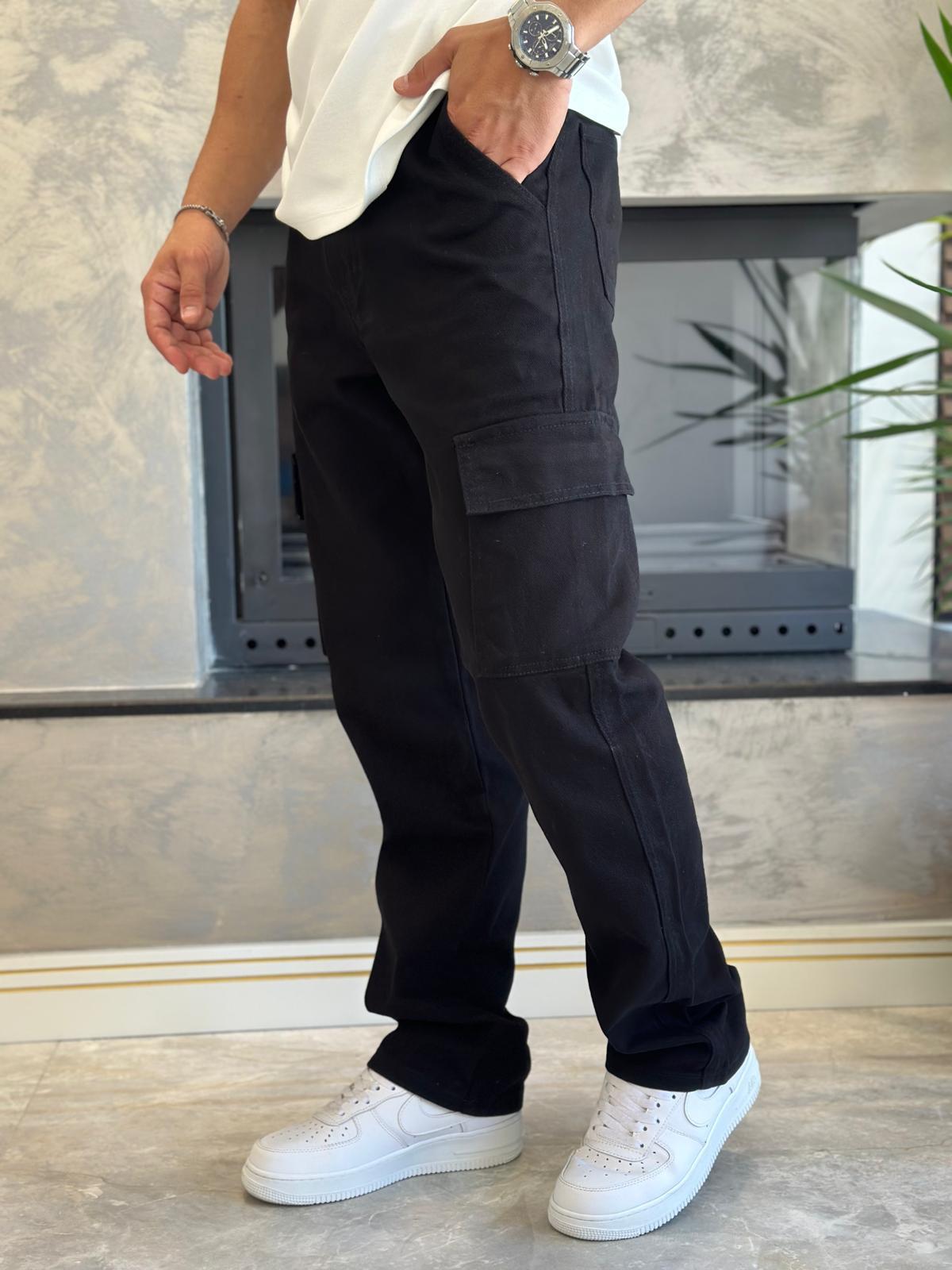 Erkek Baggy Kalıp Denim Kargo Pantolon Siyah Eca038