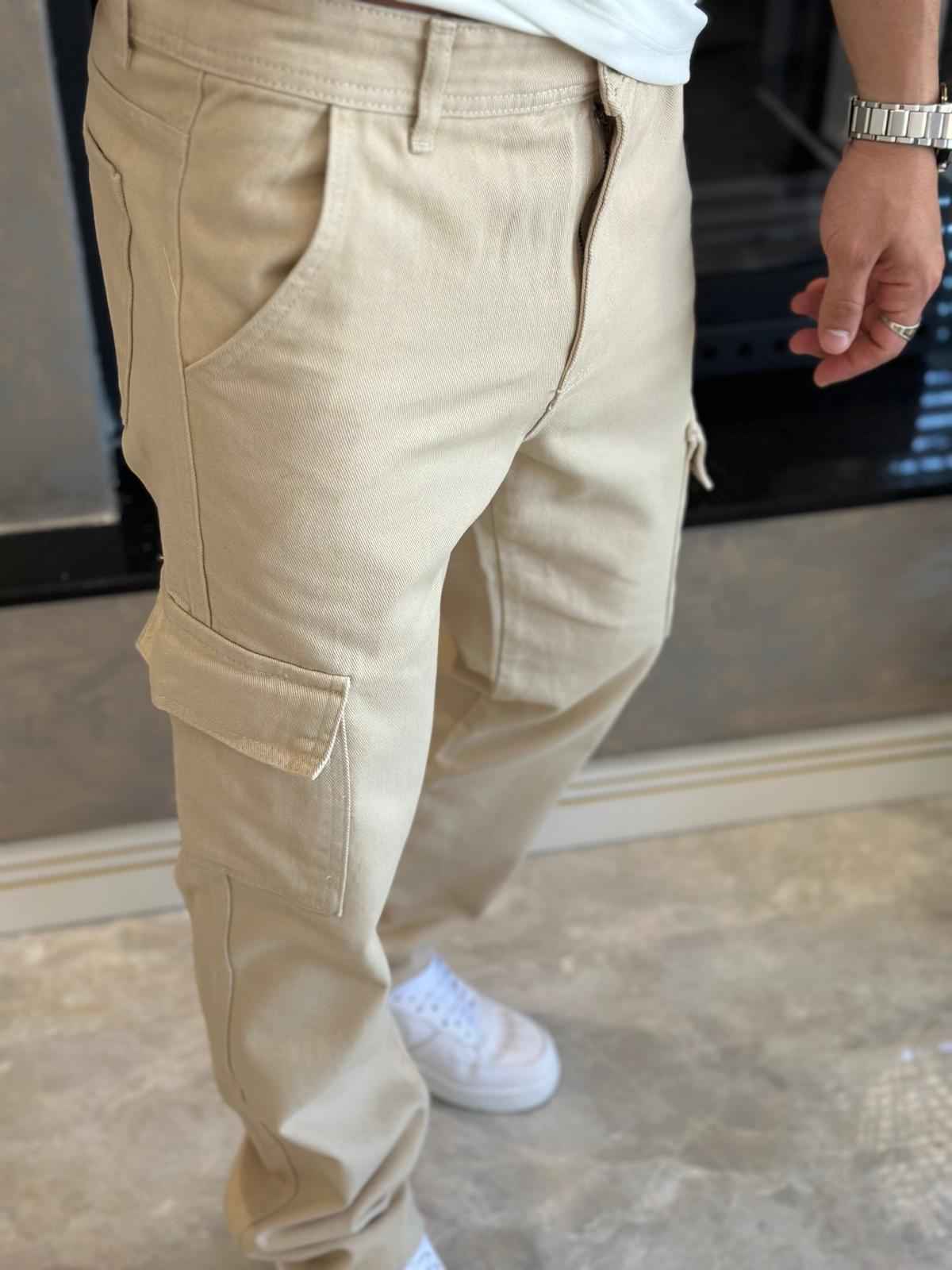 Erkek Baggy Kalıp Denim Kargo Pantolon Bej Eca038