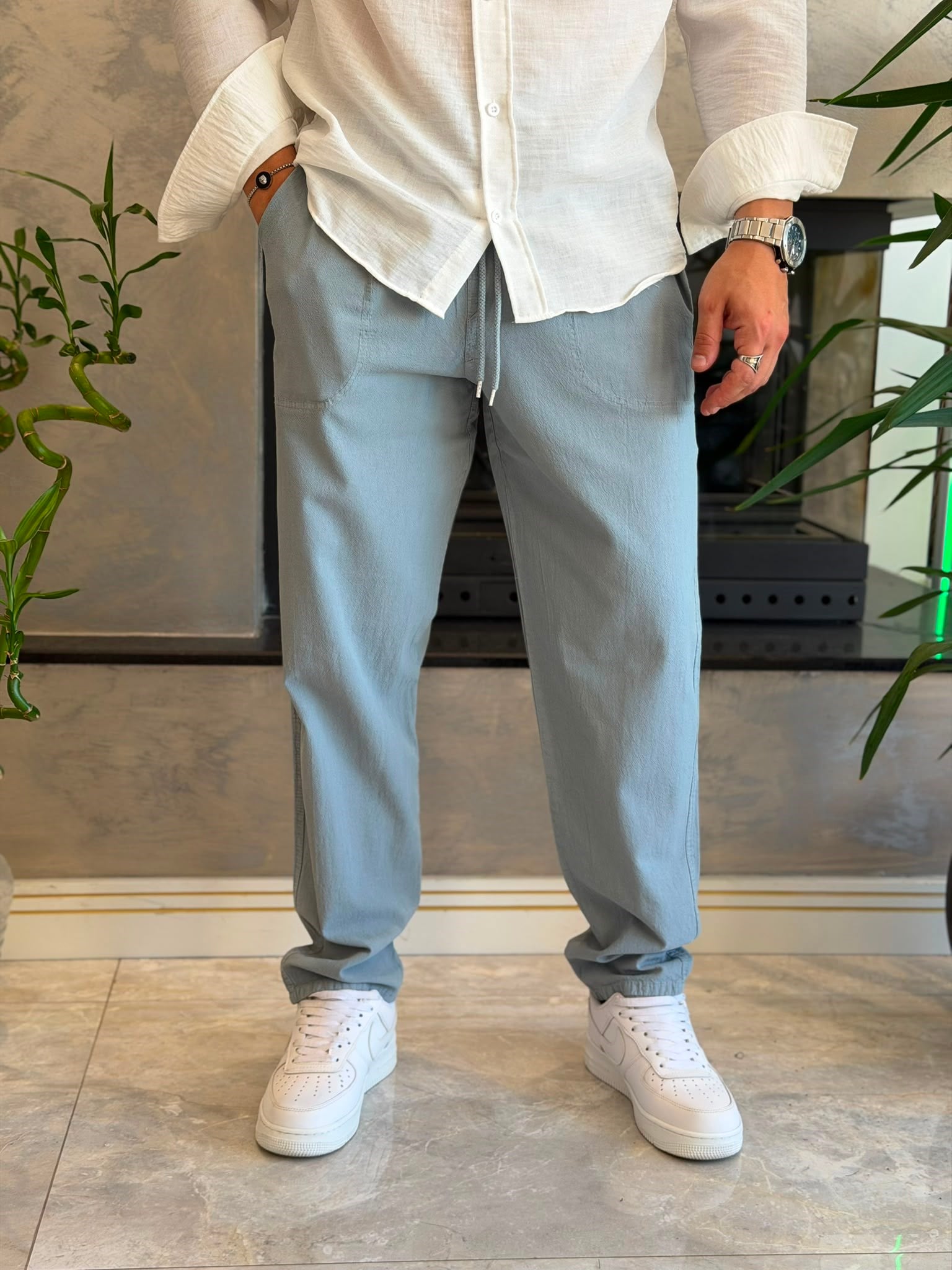 Erkek  Baggy Kalıp Keten Pantolon Bebe Mavi  Eca087