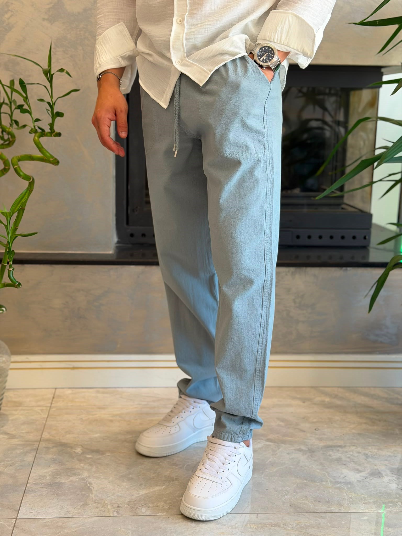 Erkek  Baggy Kalıp Keten Pantolon Bebe Mavi  Eca087