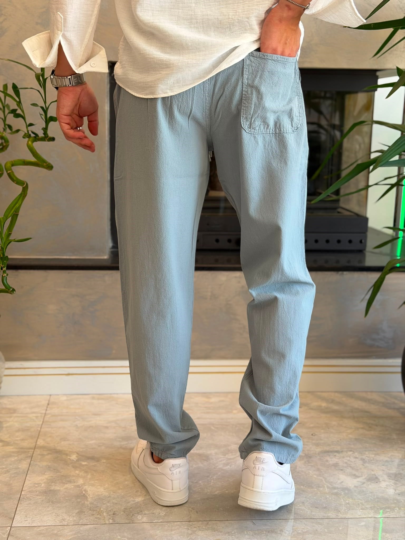 Erkek  Baggy Kalıp Keten Pantolon Bebe Mavi  Eca087