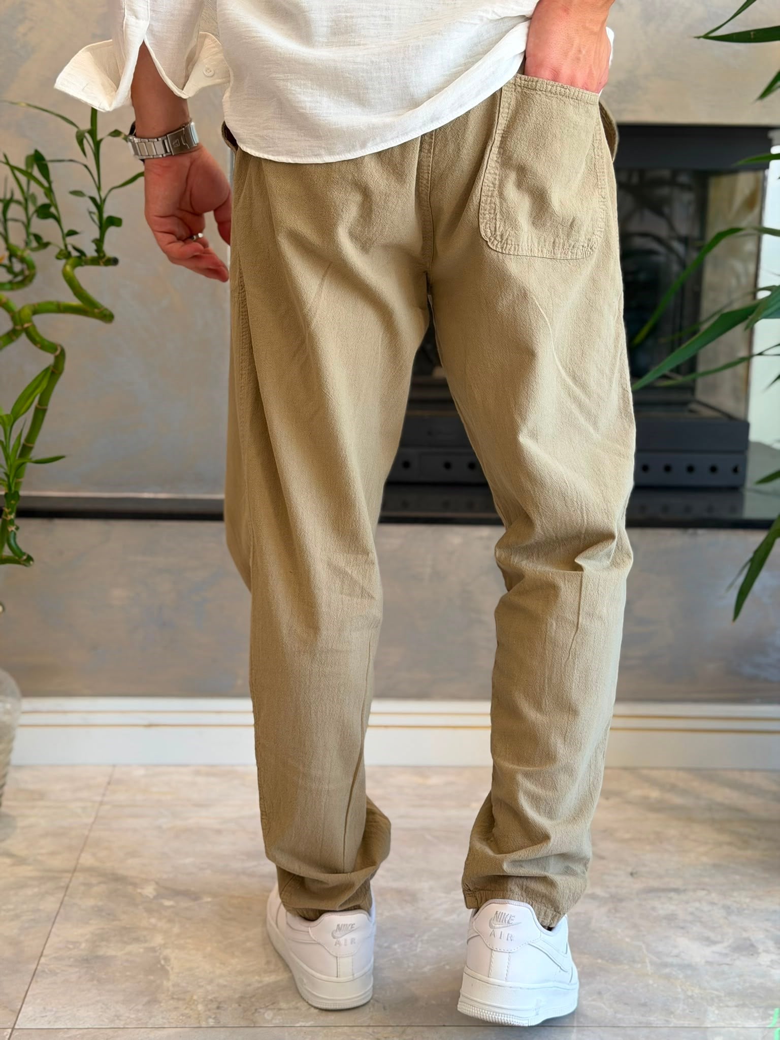 Erkek  Baggy Kalıp Keten Pantolon Bej  Eca087