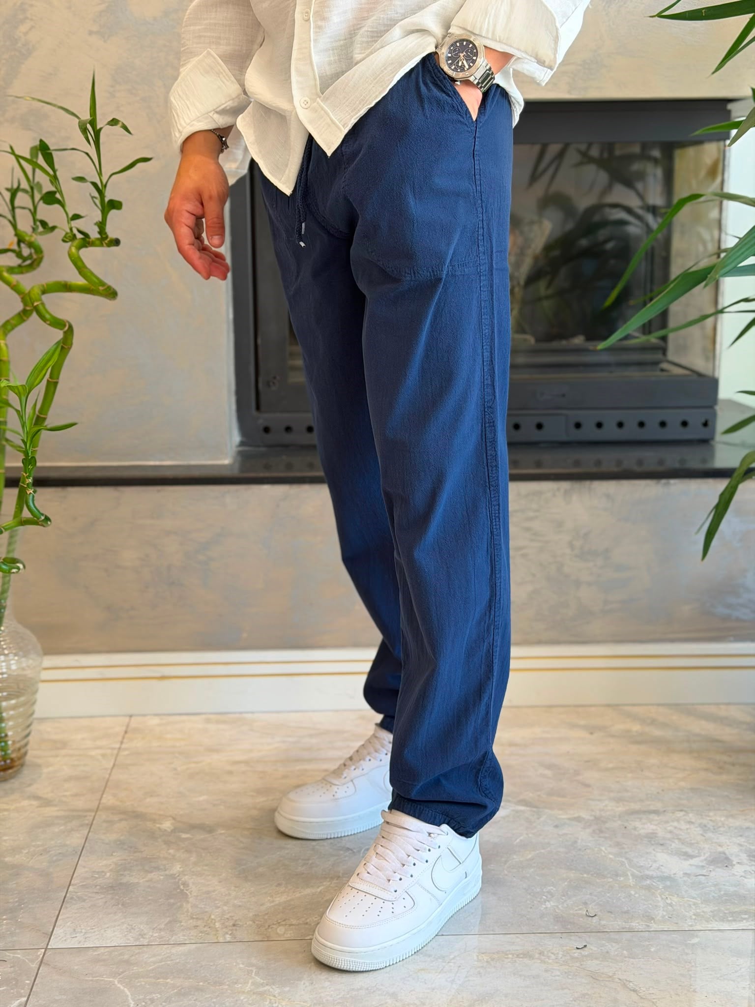 Erkek  Baggy Kalıp Keten Pantolon Lacivert Eca087