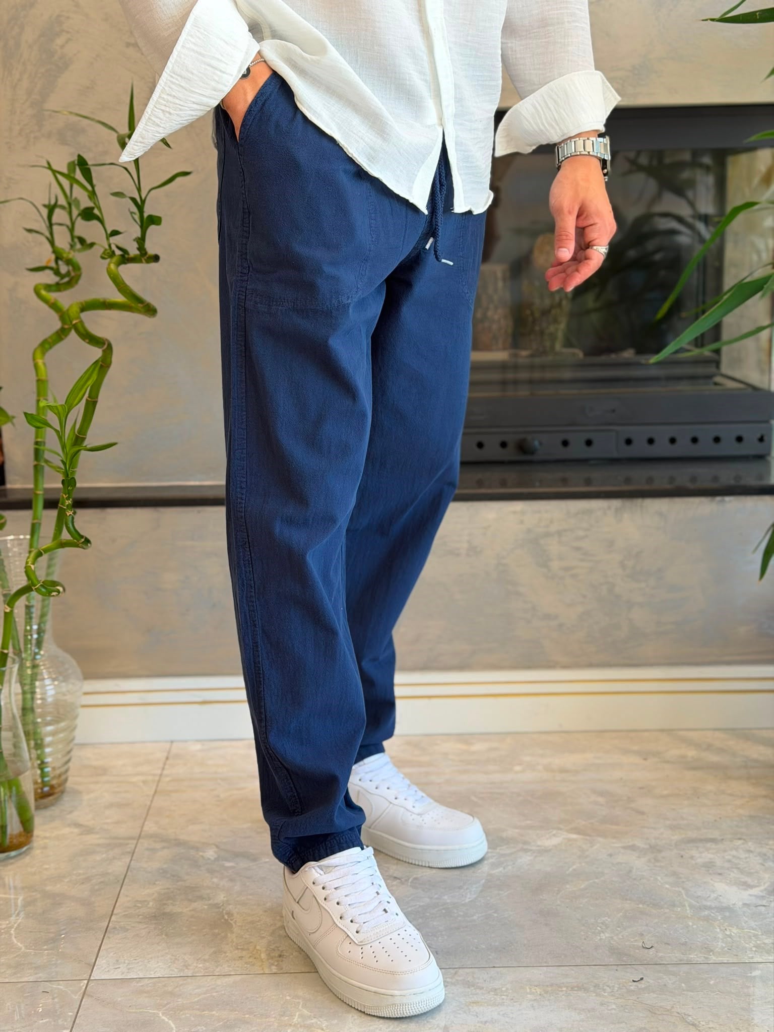 Erkek  Baggy Kalıp Keten Pantolon Lacivert Eca087