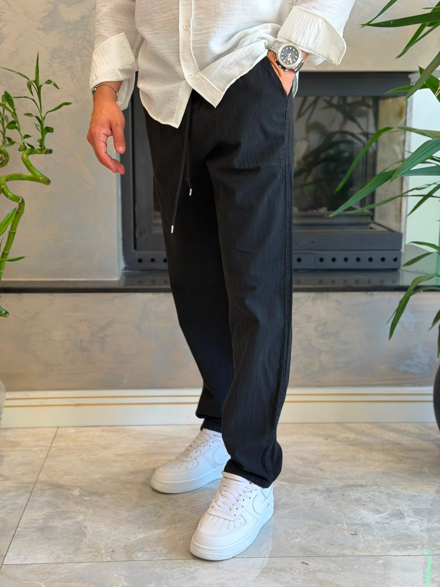 Erkek  Baggy Kalıp Keten Pantolon Siyah  Eca087
