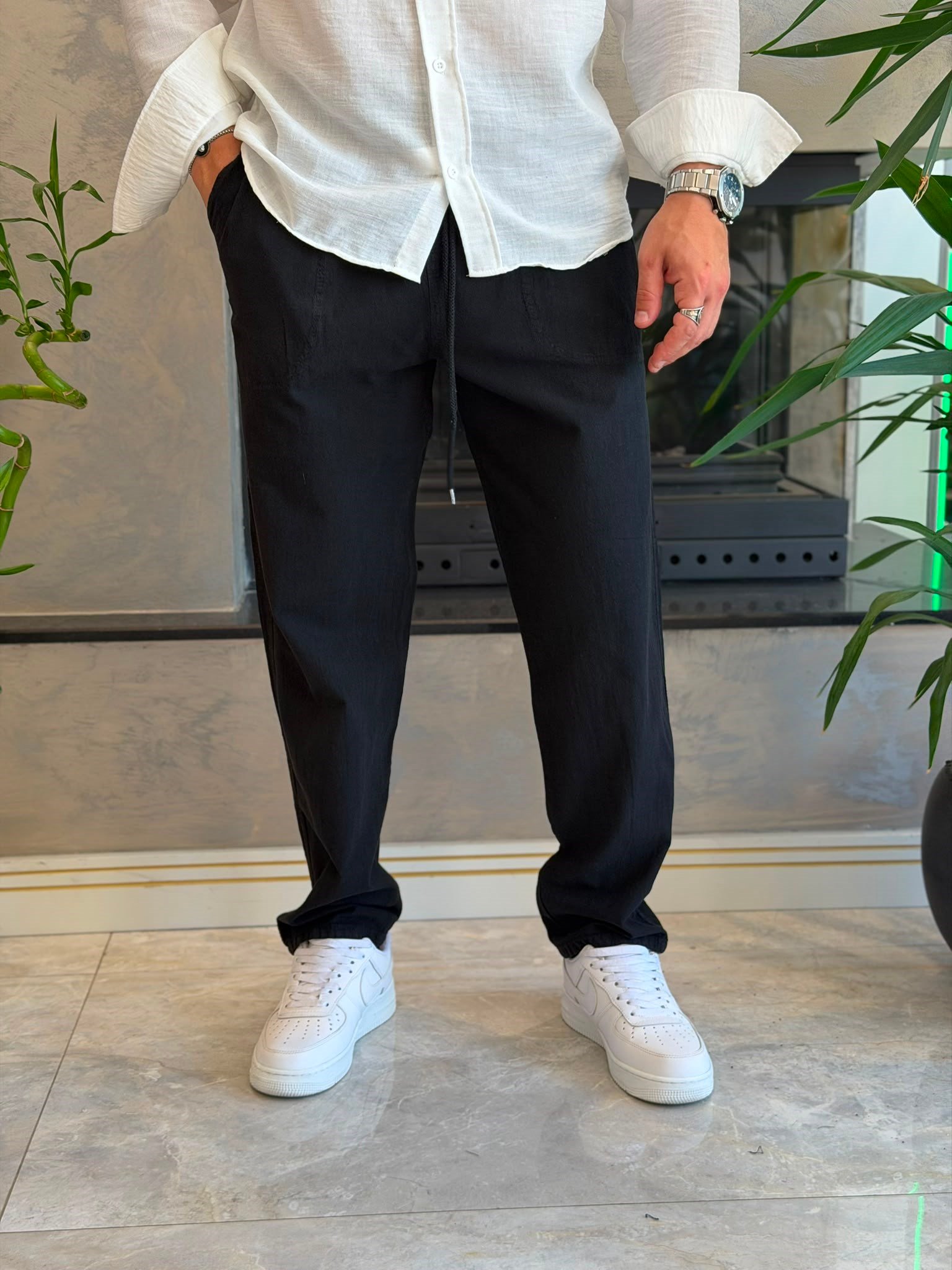 Erkek  Baggy Kalıp Keten Pantolon Siyah  Eca087