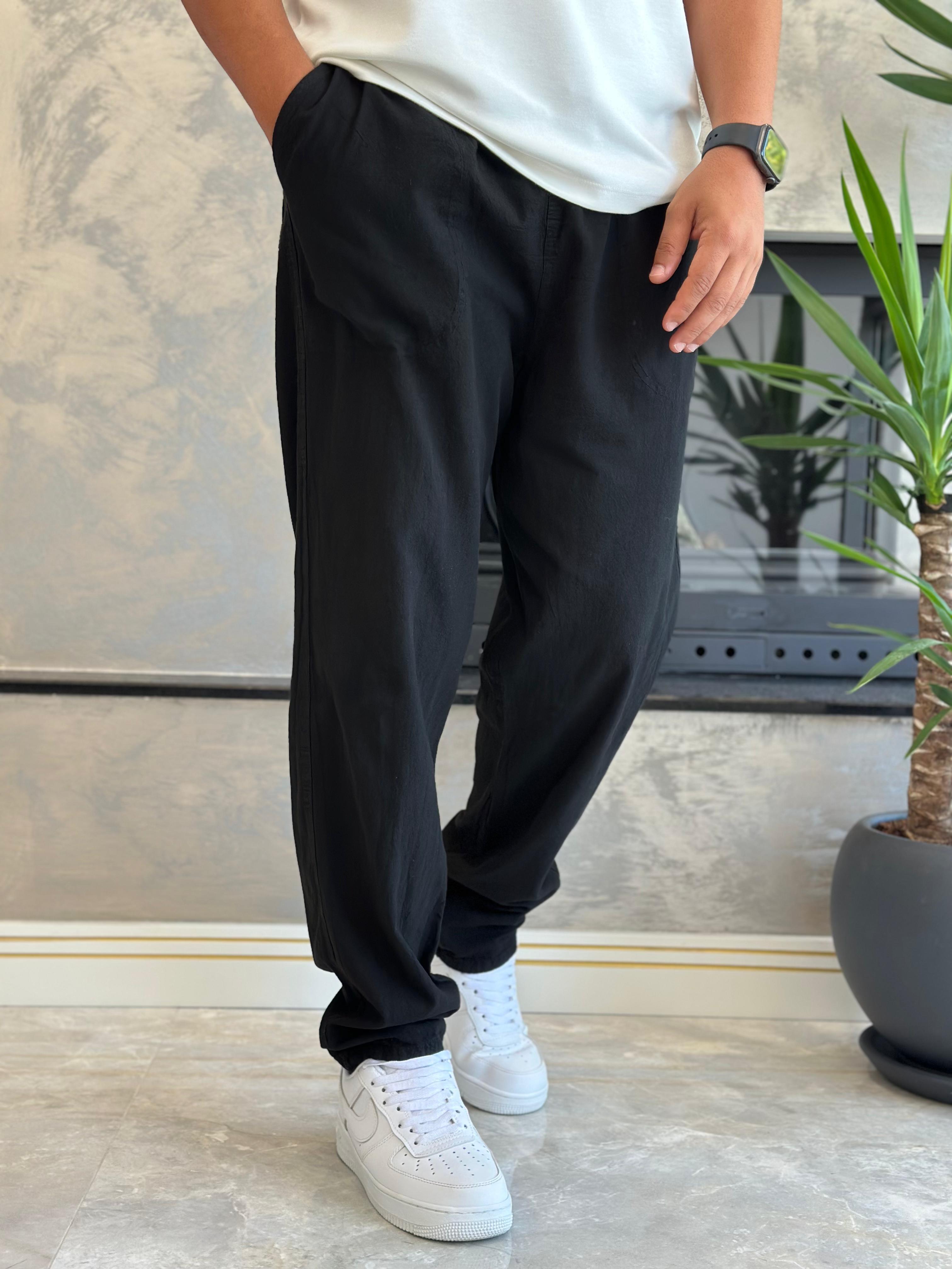 Erkek Beli Bağcıklı Baggy Kalıp Keten Pantolon Siyah Eca005