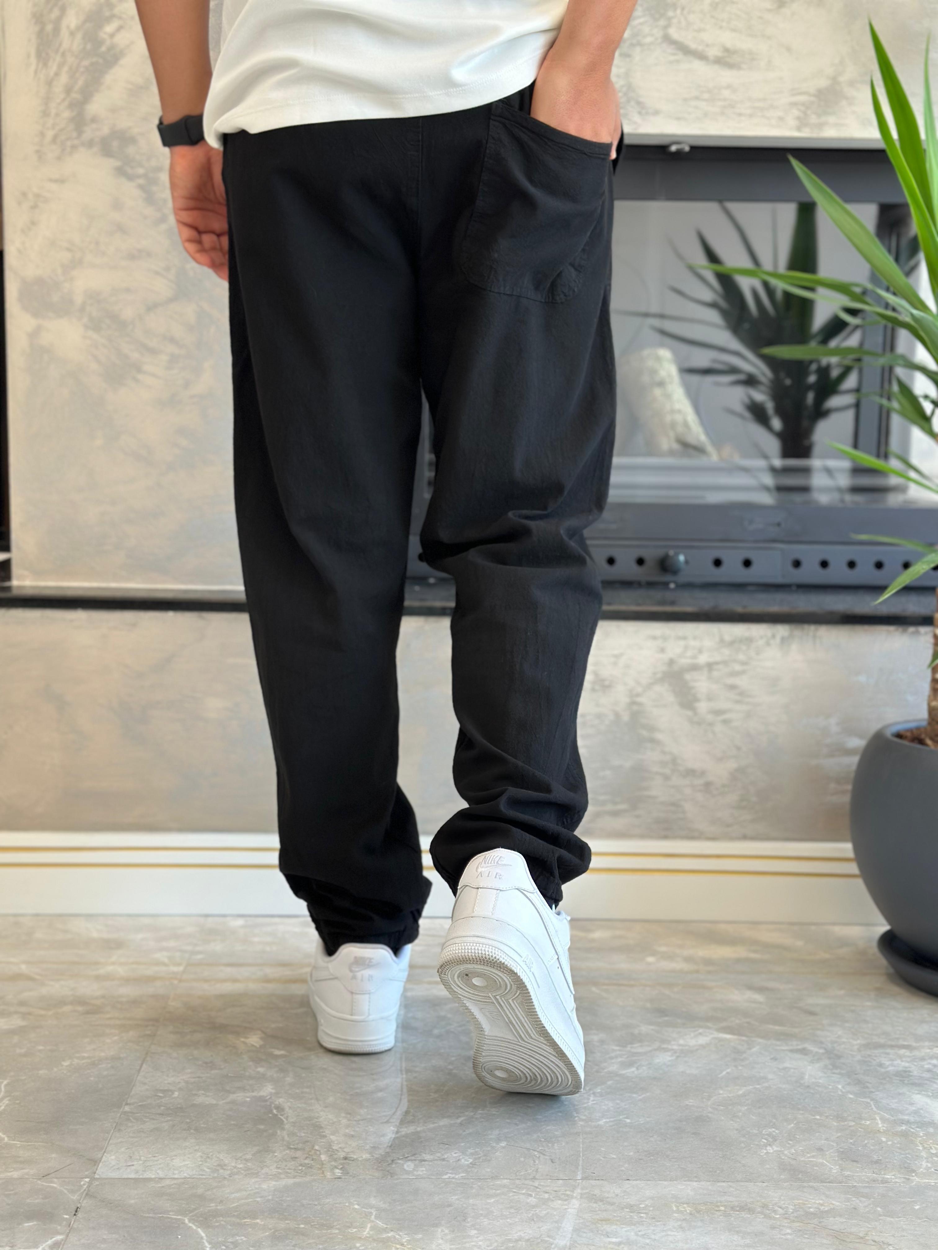 Erkek Beli Bağcıklı Baggy Kalıp Keten Pantolon Siyah Eca005