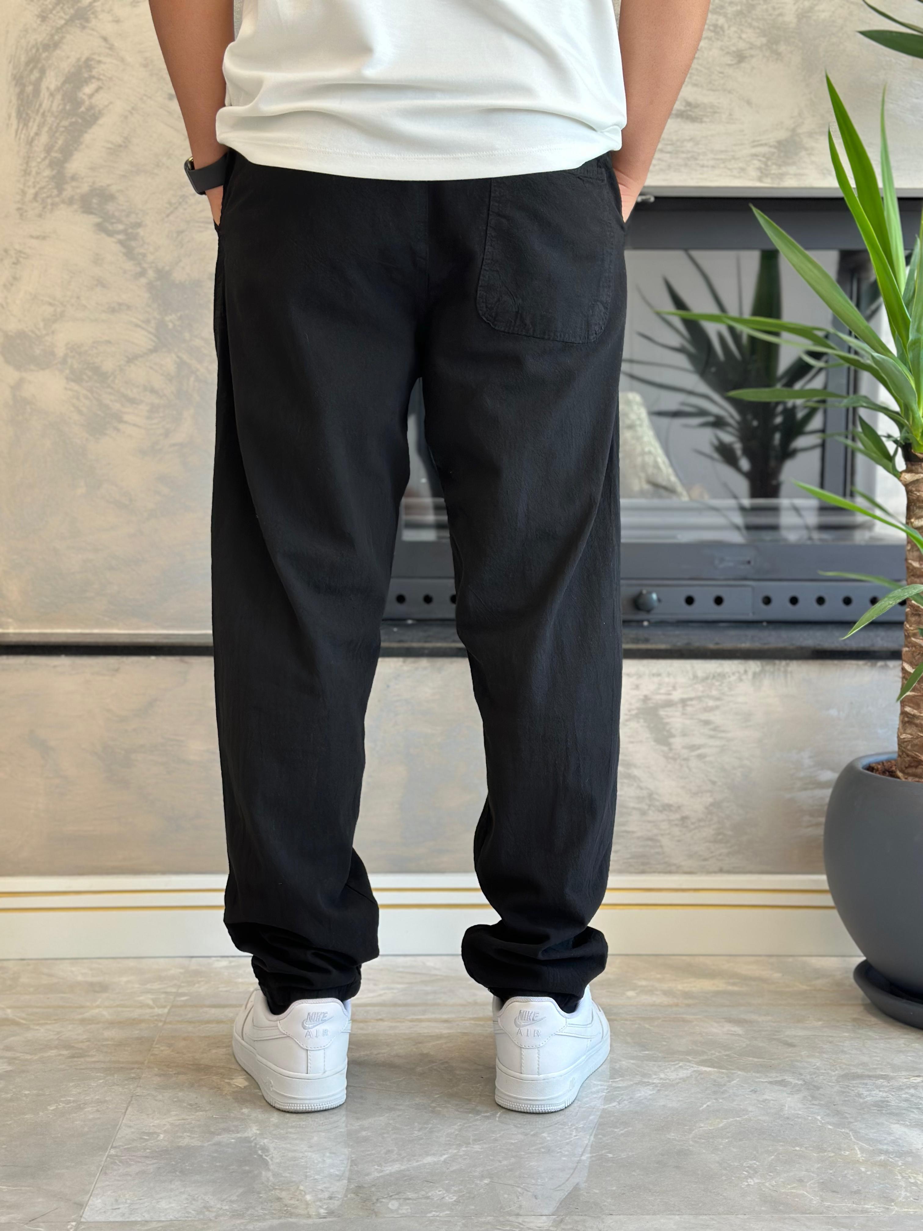 Erkek Beli Bağcıklı Baggy Kalıp Keten Pantolon Siyah Eca005