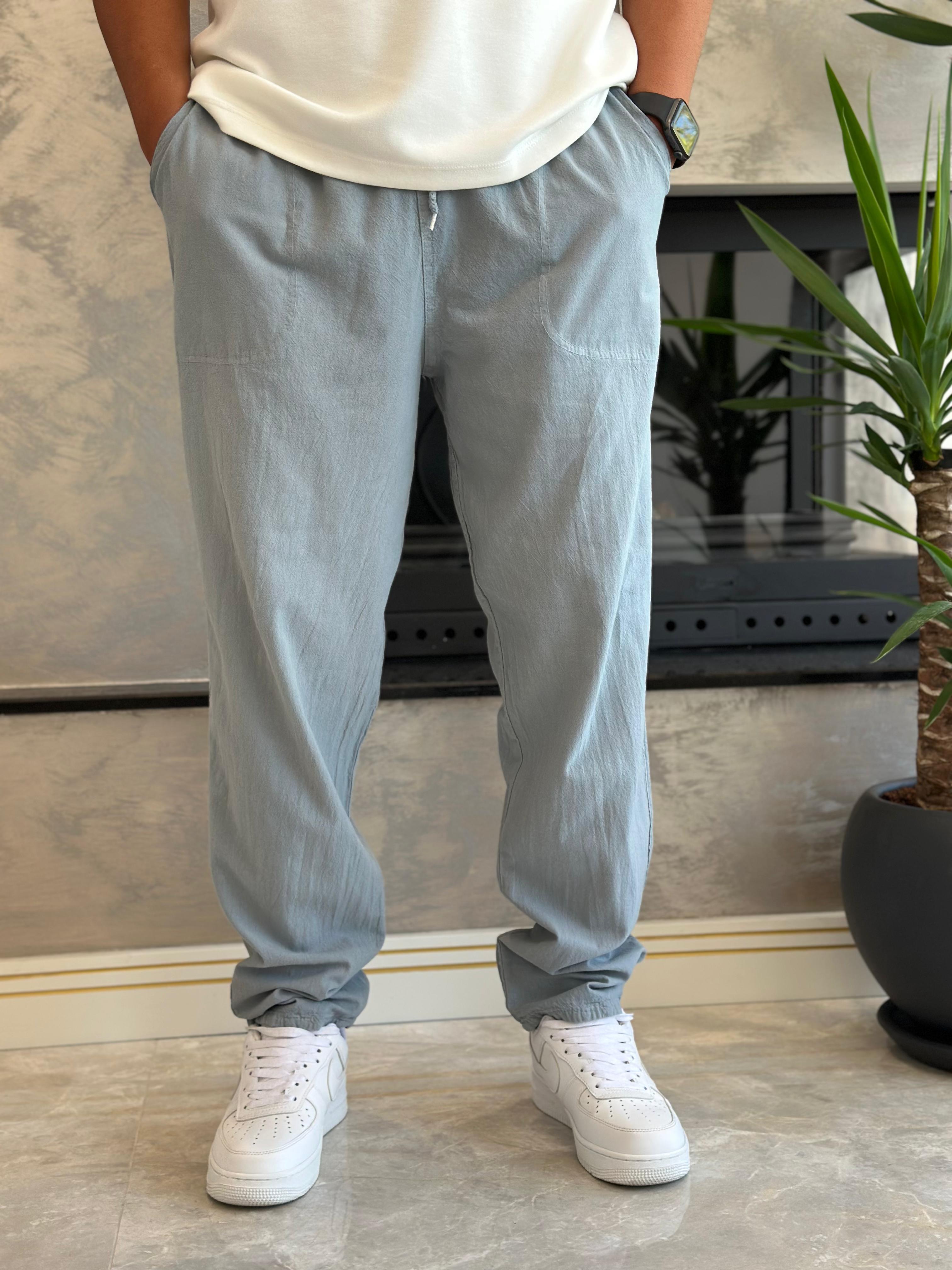 Erkek Beli Bağcıklı Baggy Kalıp Keten Pantolon Bebe Mavi Eca005