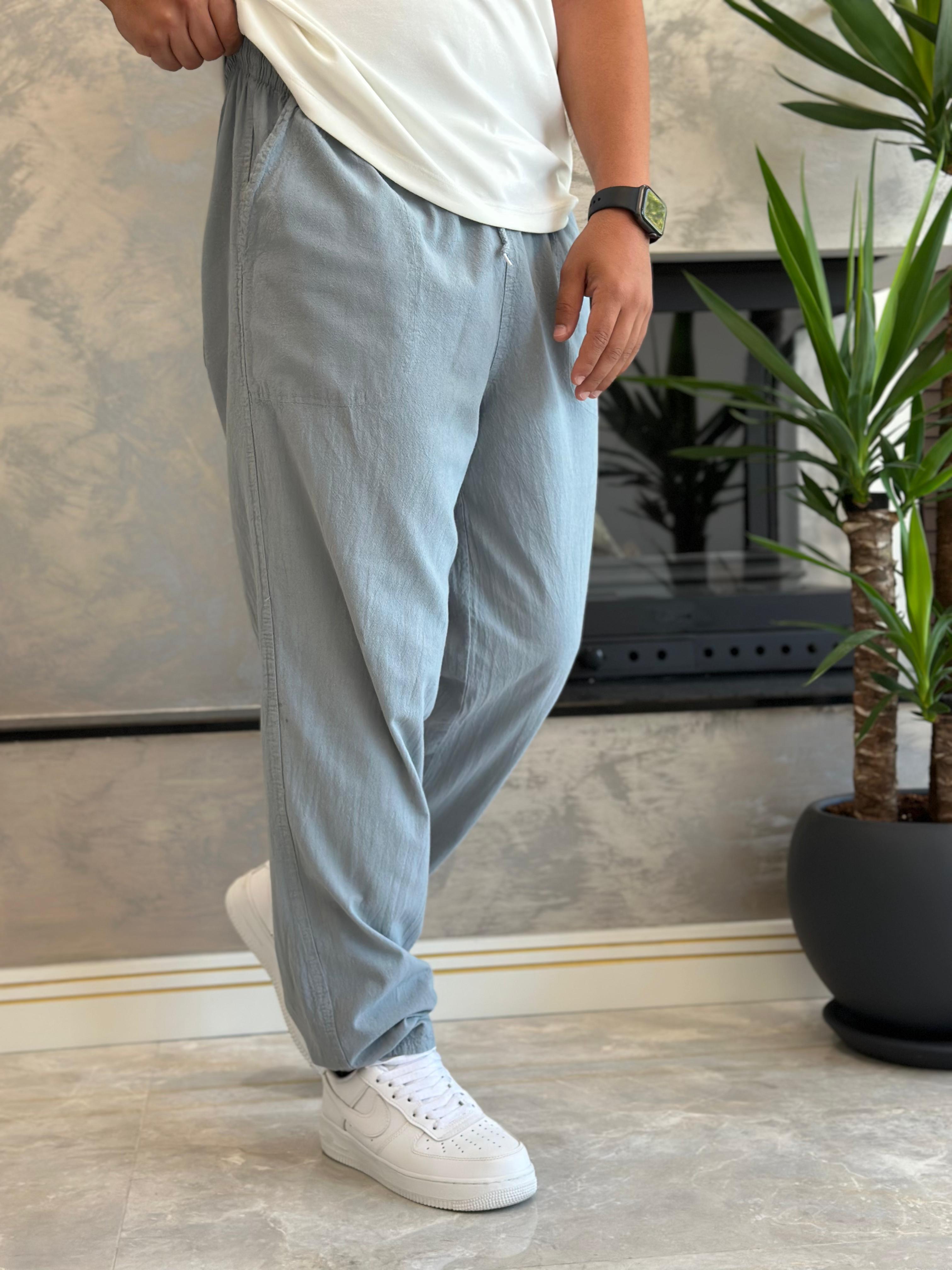 Erkek Beli Bağcıklı Baggy Kalıp Keten Pantolon Bebe Mavi Eca005