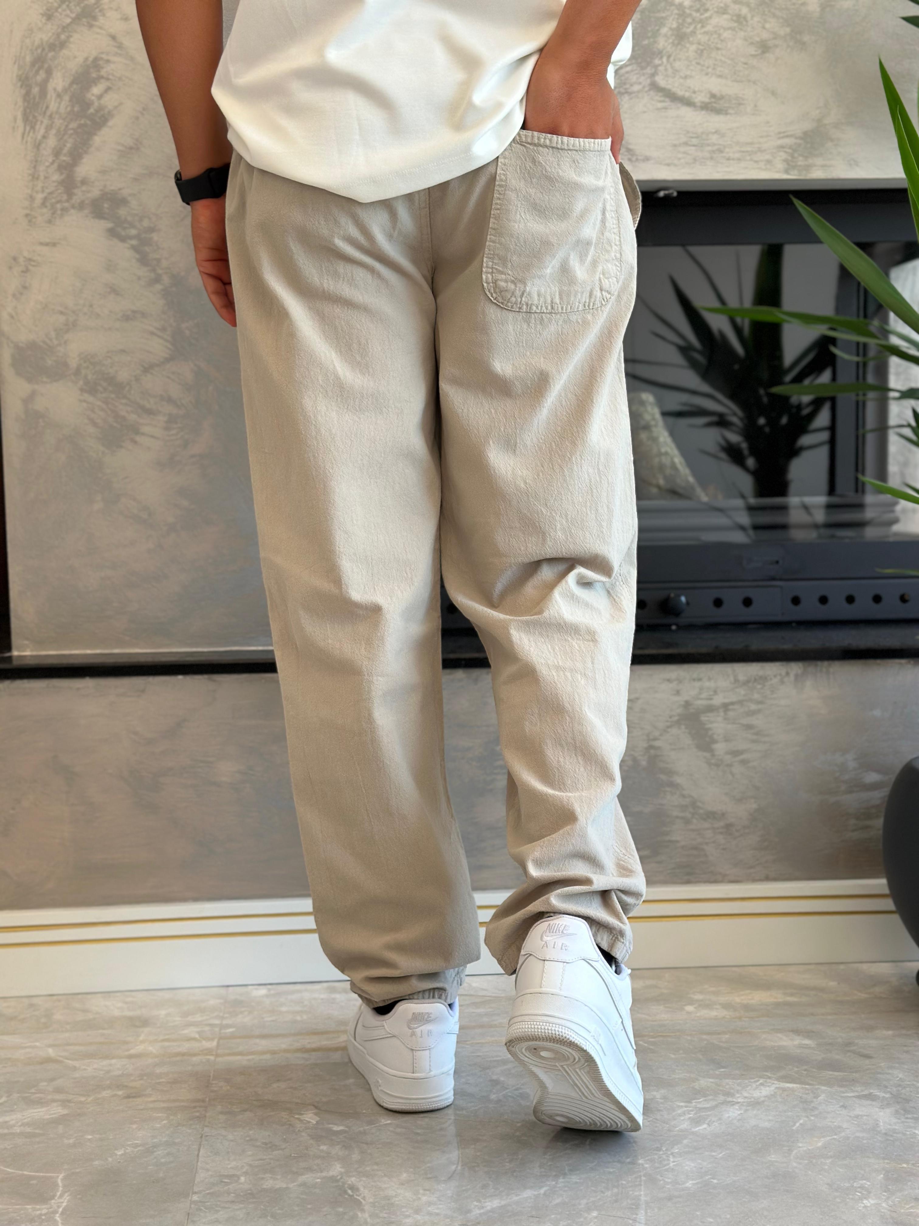 Erkek Beli Bağcıklı Baggy Kalıp Keten Pantolon Bej Eca005