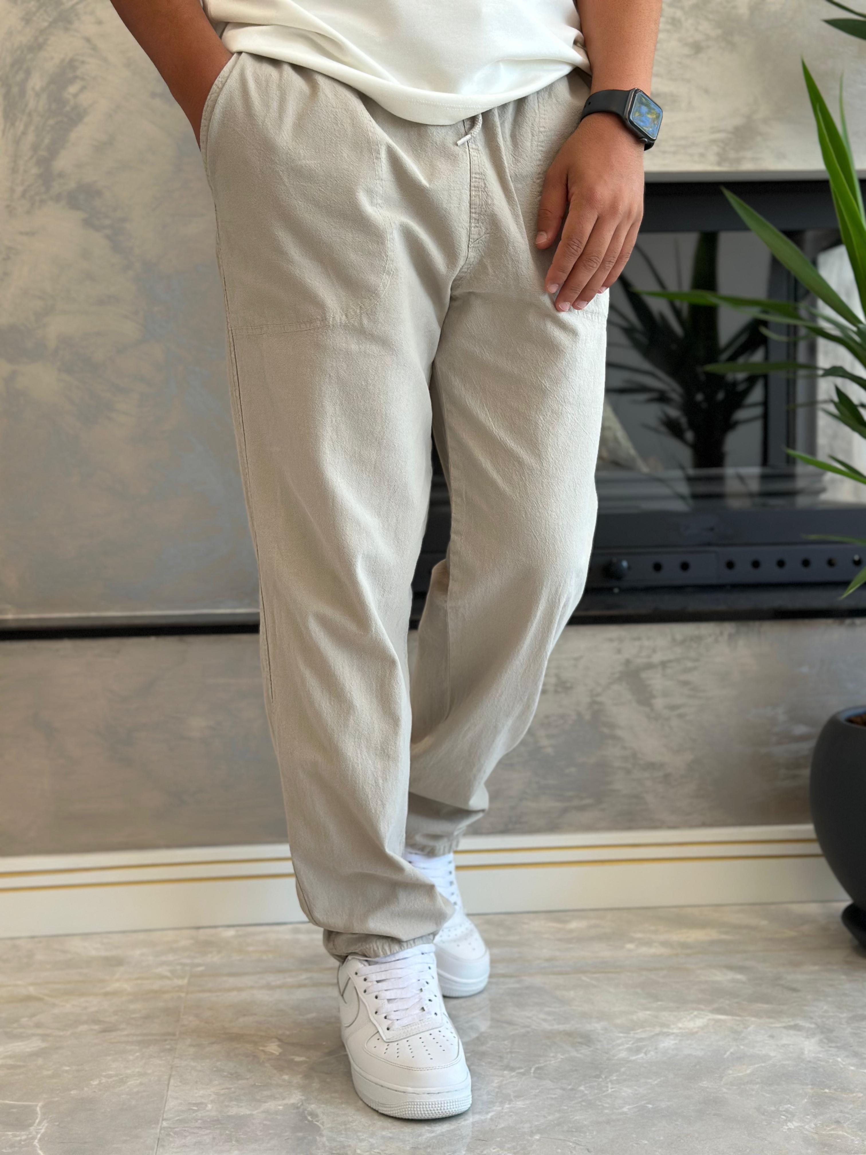 Erkek Beli Bağcıklı Baggy Kalıp Keten Pantolon Bej Eca005