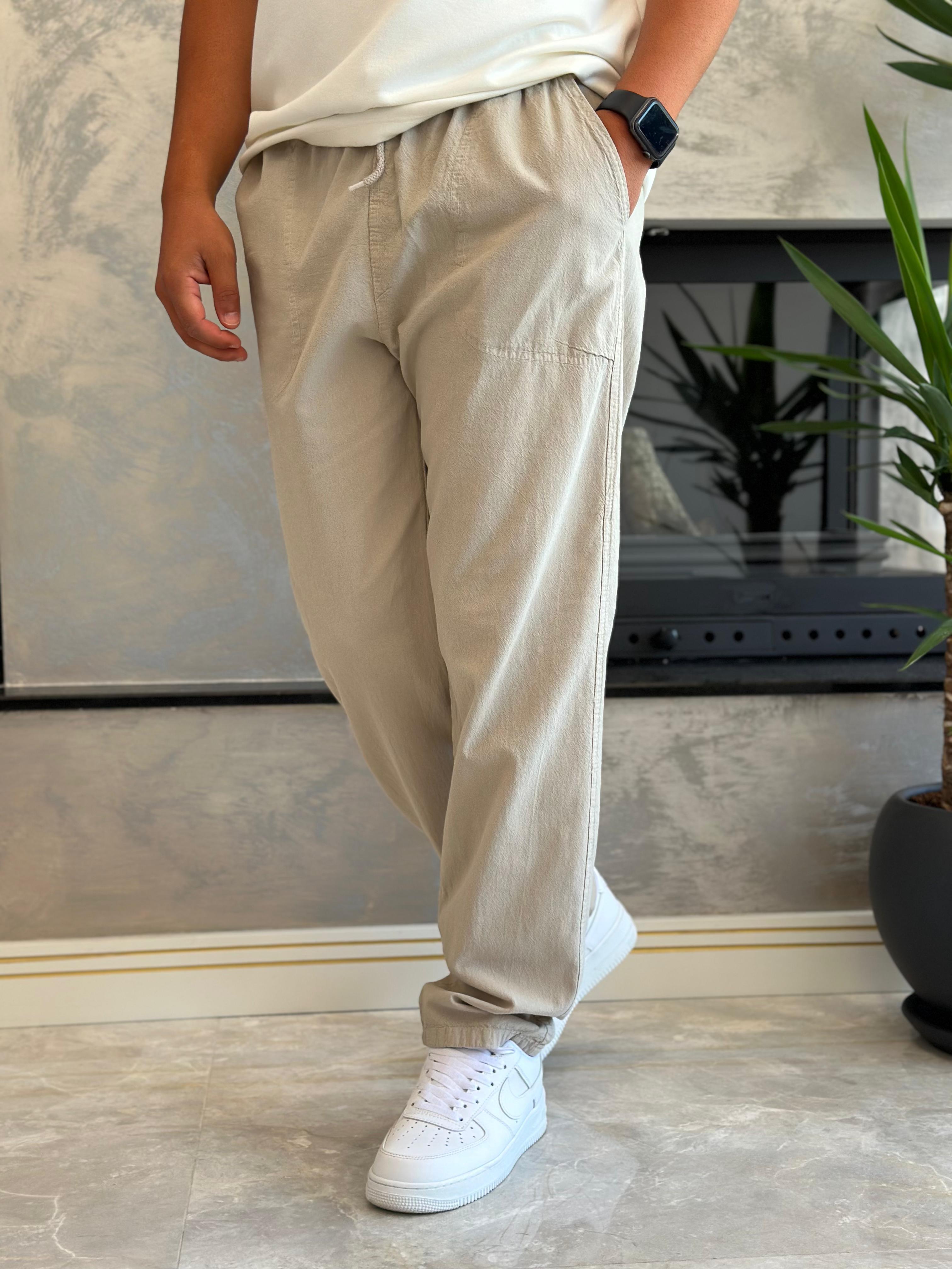 Erkek Beli Bağcıklı Baggy Kalıp Keten Pantolon Bej Eca005