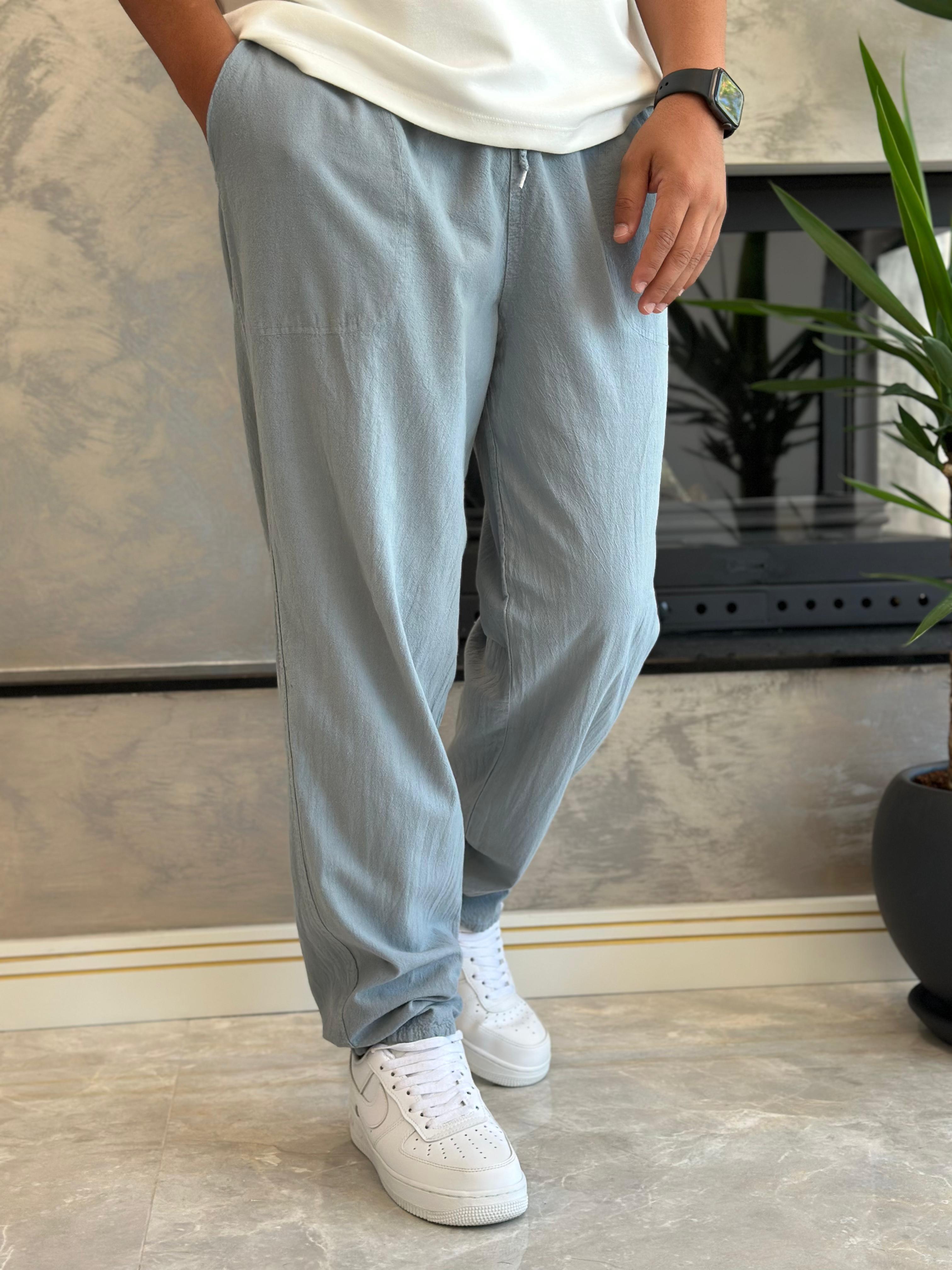Erkek Beli Bağcıklı Baggy Kalıp Keten Pantolon Bebe Mavi Eca005
