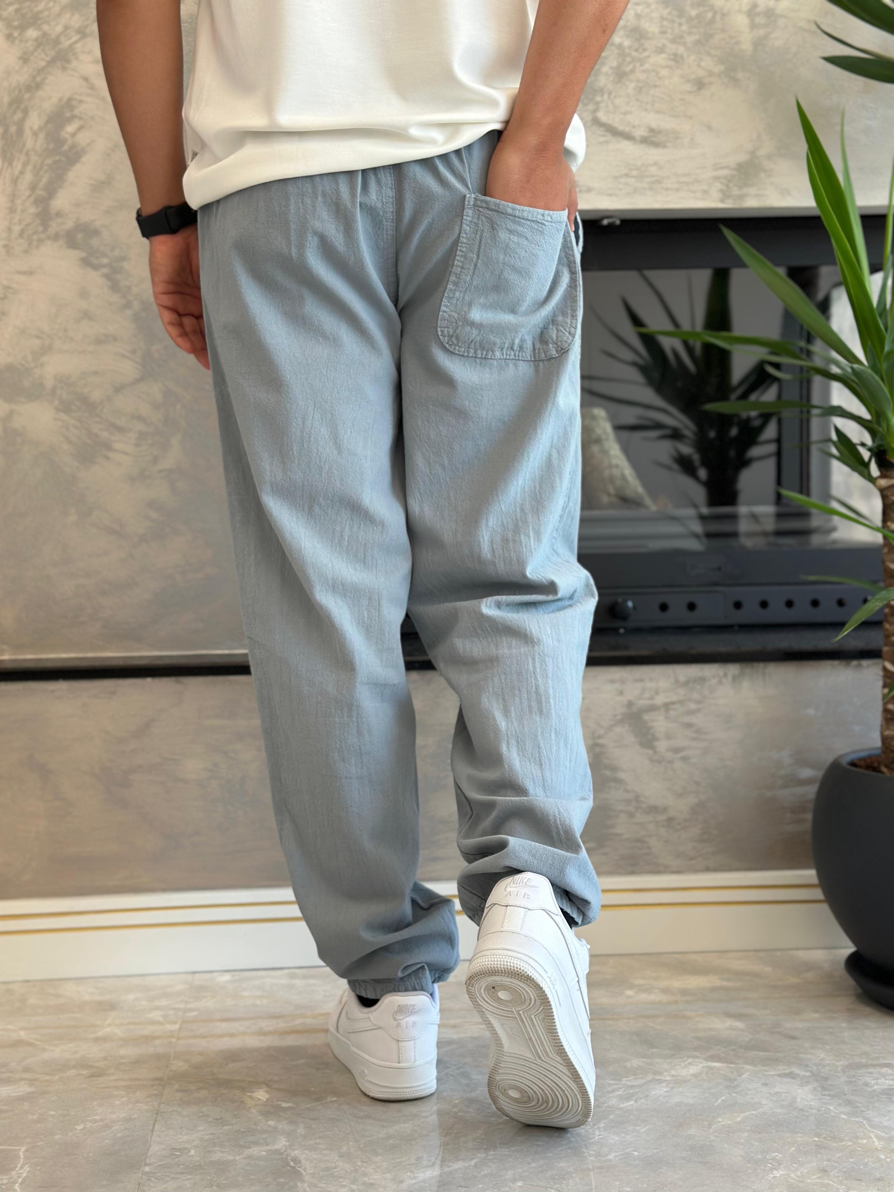 Erkek Beli Bağcıklı Baggy Kalıp Keten Pantolon Bebe Mavi Eca005