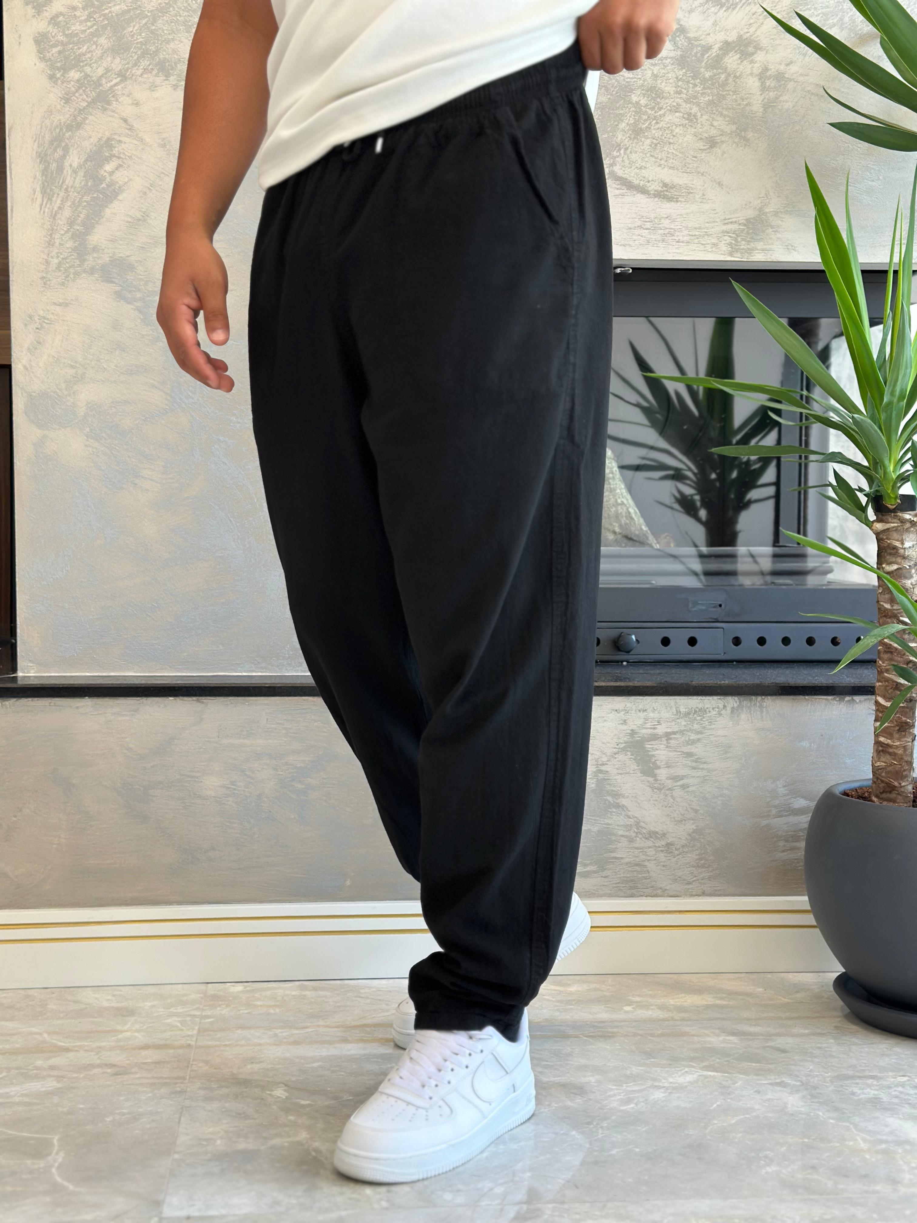 Erkek Beli Bağcıklı Baggy Kalıp Keten Pantolon Siyah Eca005