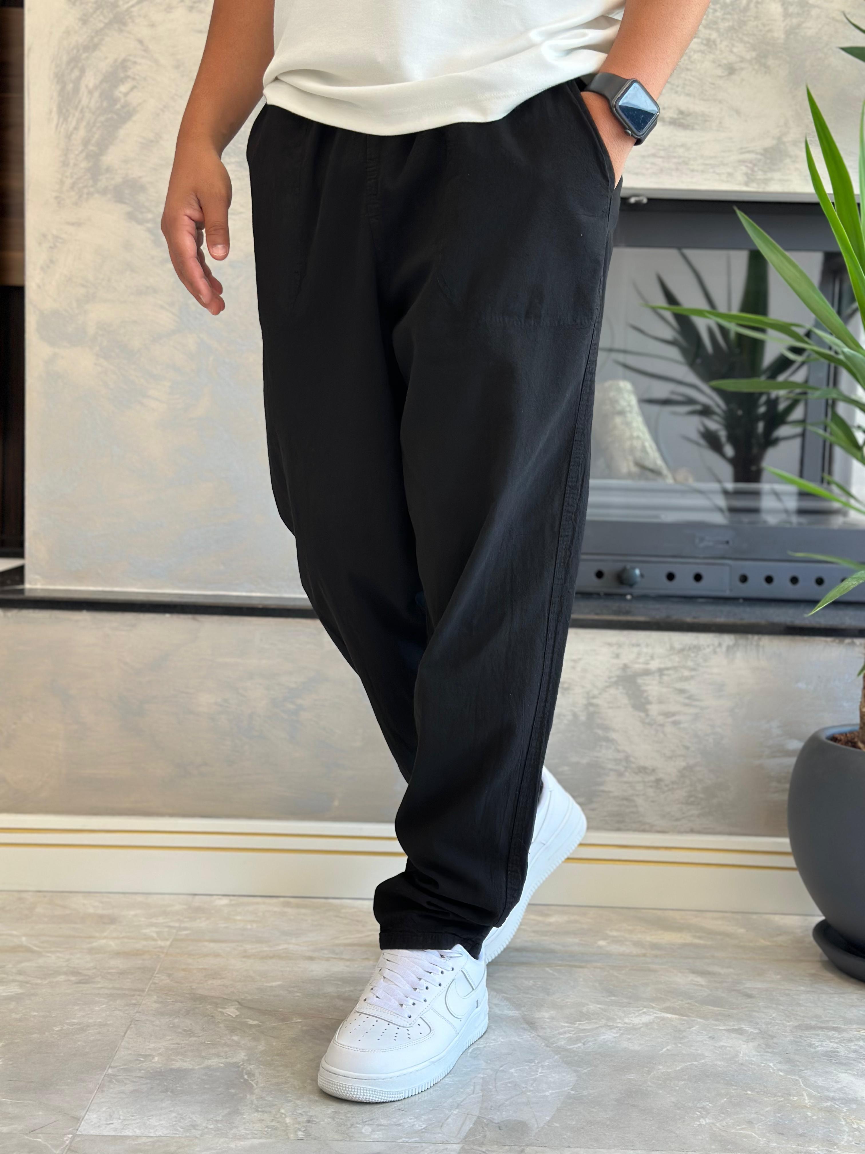Erkek Beli Bağcıklı Baggy Kalıp Keten Pantolon Siyah Eca005