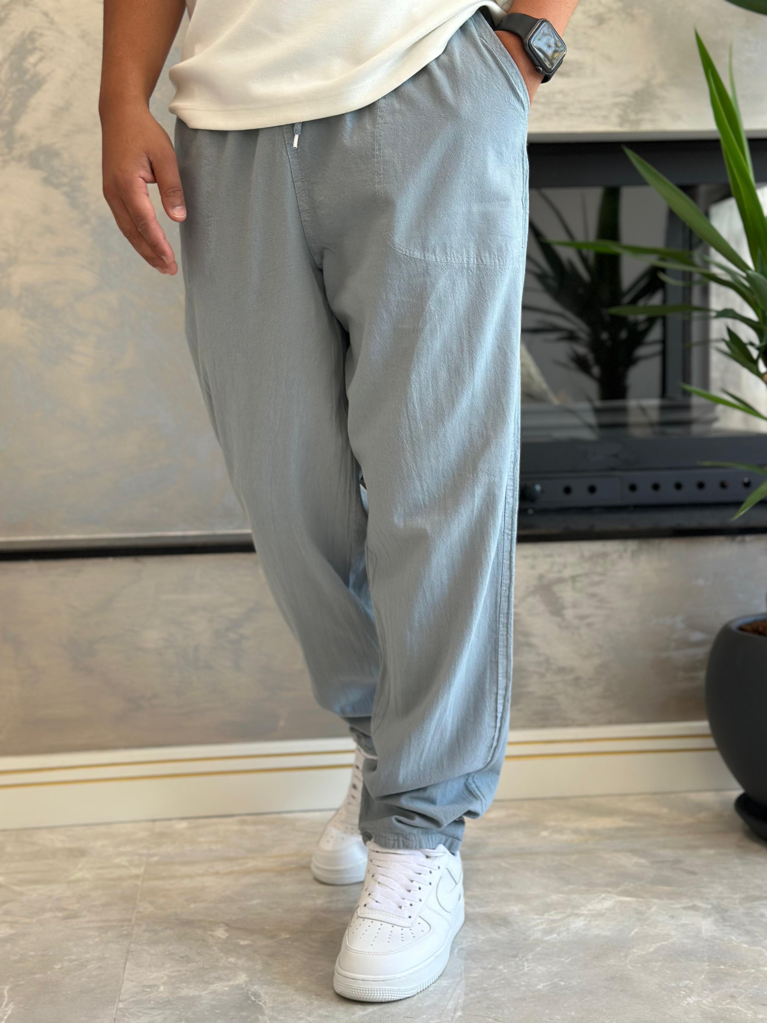 Erkek Beli Bağcıklı Baggy Kalıp Keten Pantolon Bebe Mavi Eca005