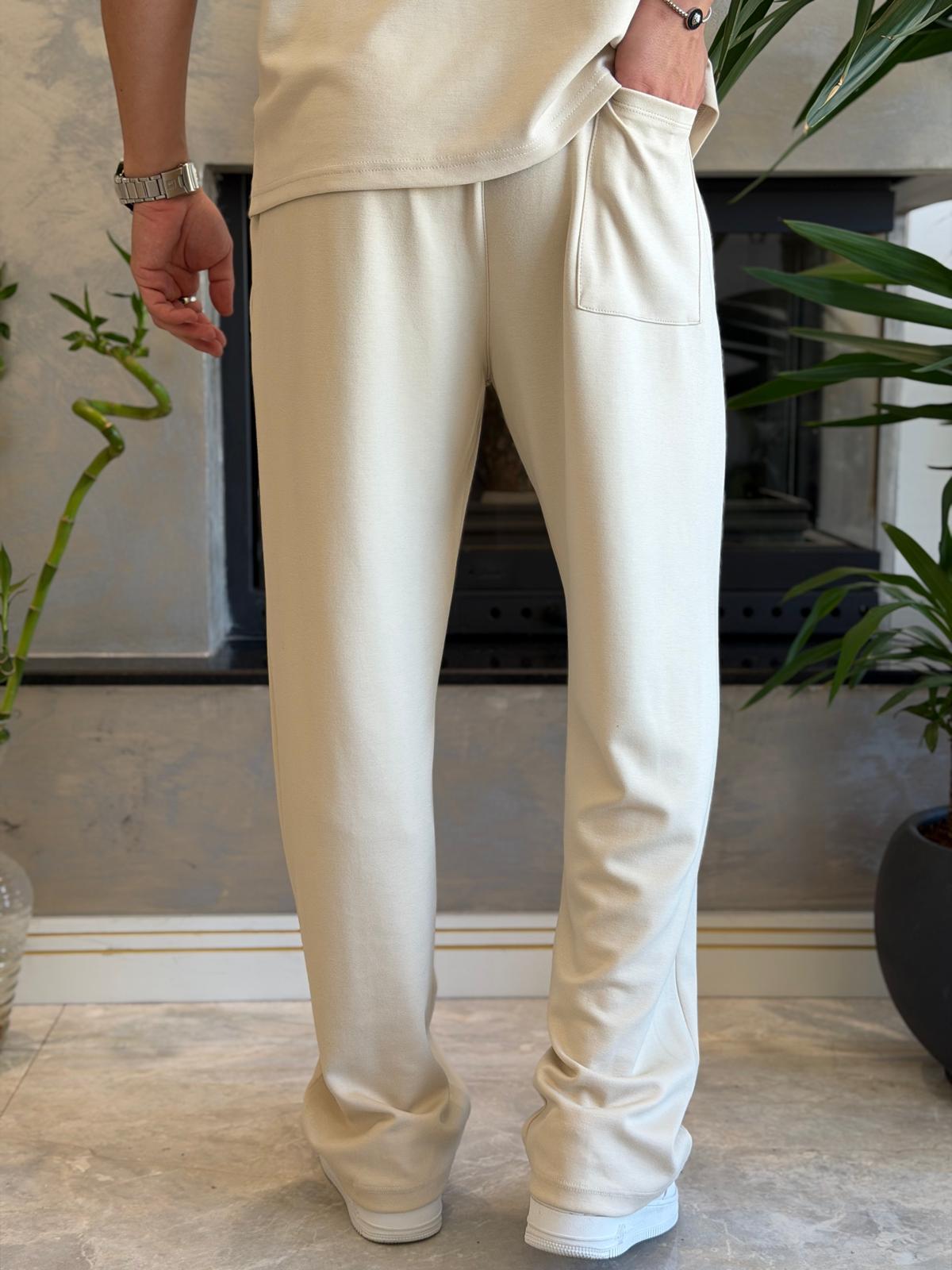 Erkek Beli Bağcıklı Modal Kumaş Dökümlü Pantolon Bej Eca073