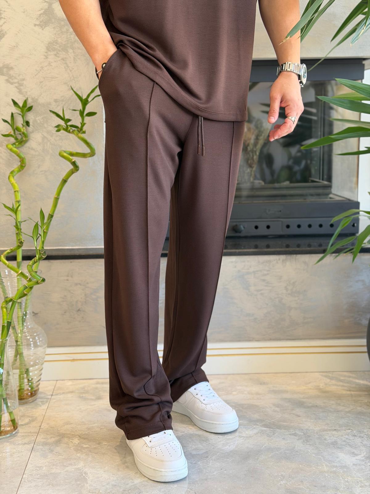 Erkek Beli Bağcıklı Modal Kumaş Dökümlü Pantolon Kahverengi Eca073