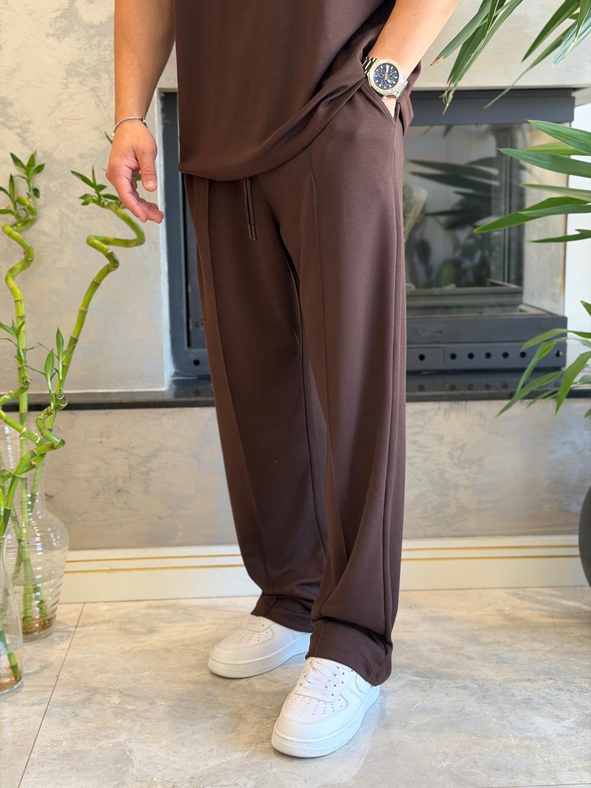 Erkek Beli Bağcıklı Modal Kumaş Dökümlü Pantolon Kahverengi Eca073