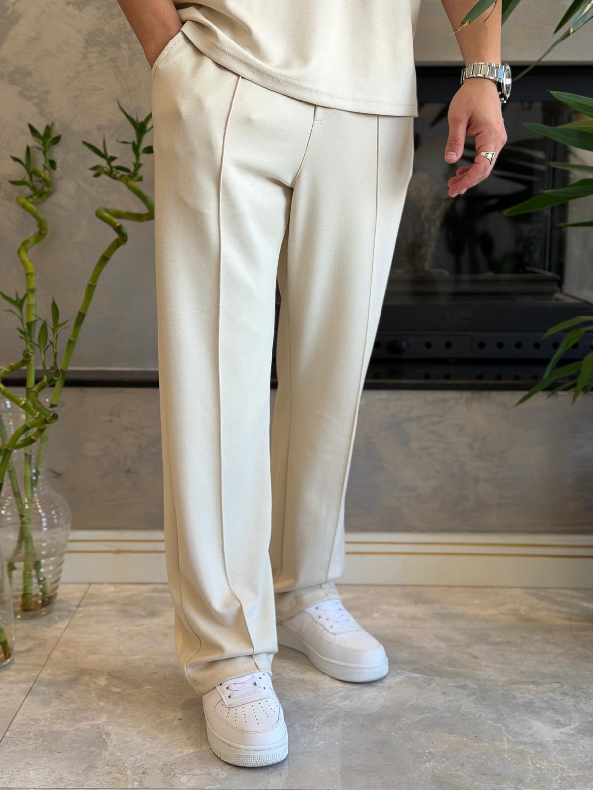 Erkek Beli Bağcıklı Modal Kumaş Dökümlü Pantolon Bej Eca073