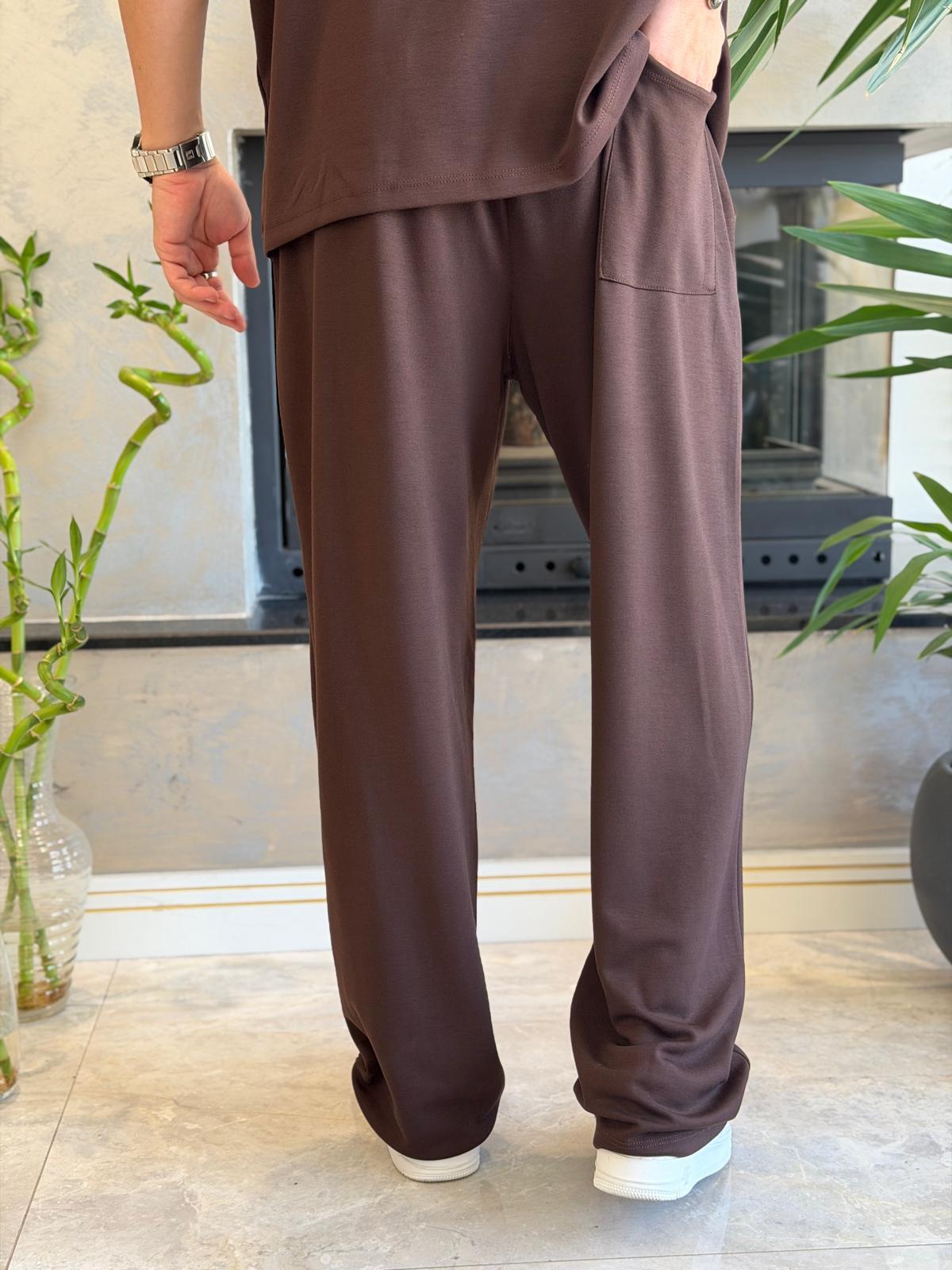 Erkek Beli Bağcıklı Modal Kumaş Dökümlü Pantolon Kahverengi Eca073
