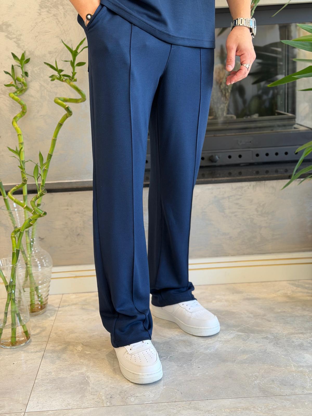 Erkek Beli Bağcıklı Modal Kumaş Dökümlü Pantolon Lacivert  Eca073