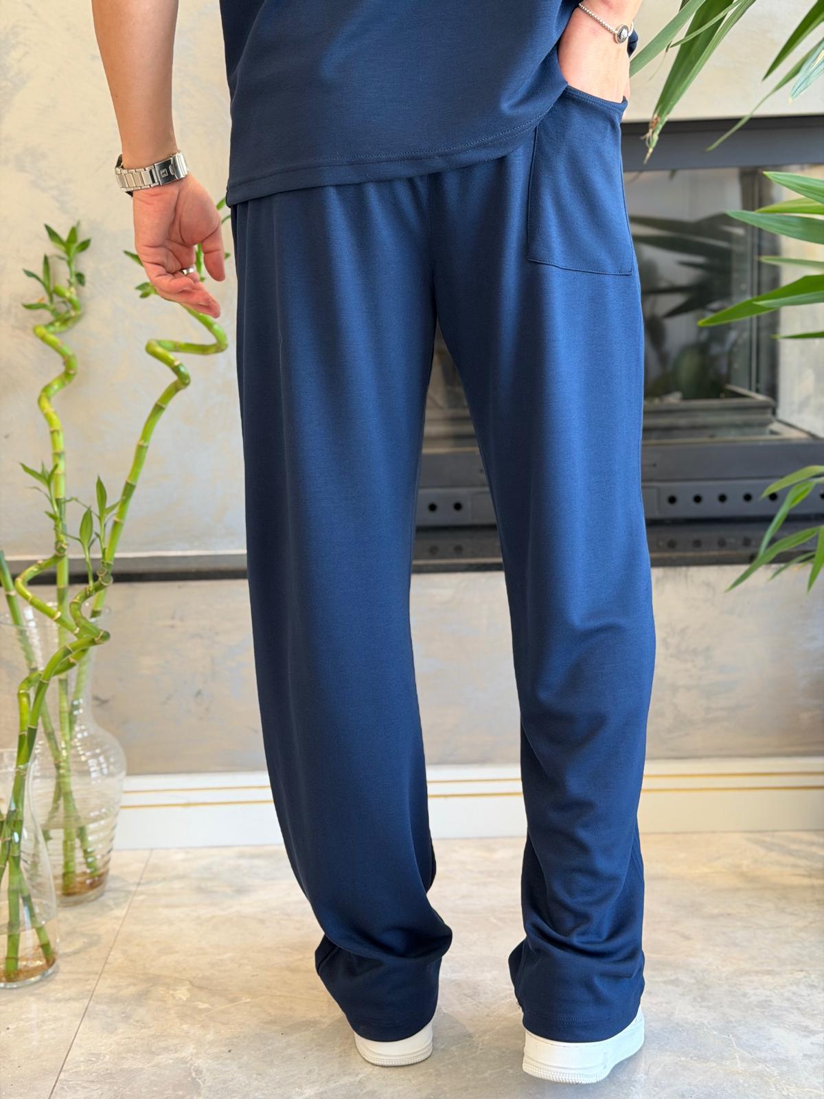 Erkek Beli Bağcıklı Modal Kumaş Dökümlü Pantolon Lacivert  Eca073