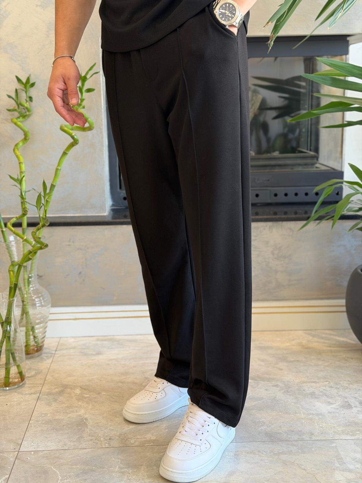 Erkek Beli Bağcıklı Modal Kumaş Dökümlü Pantolon Siyah Eca073