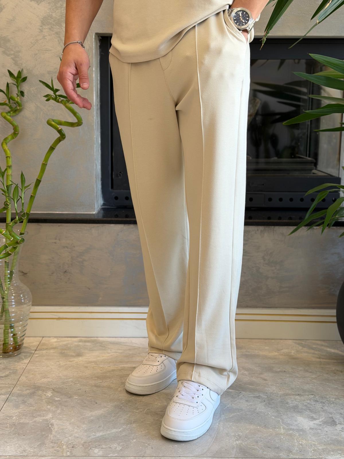Erkek Beli Bağcıklı Modal Kumaş Dökümlü Pantolon Bej Eca073
