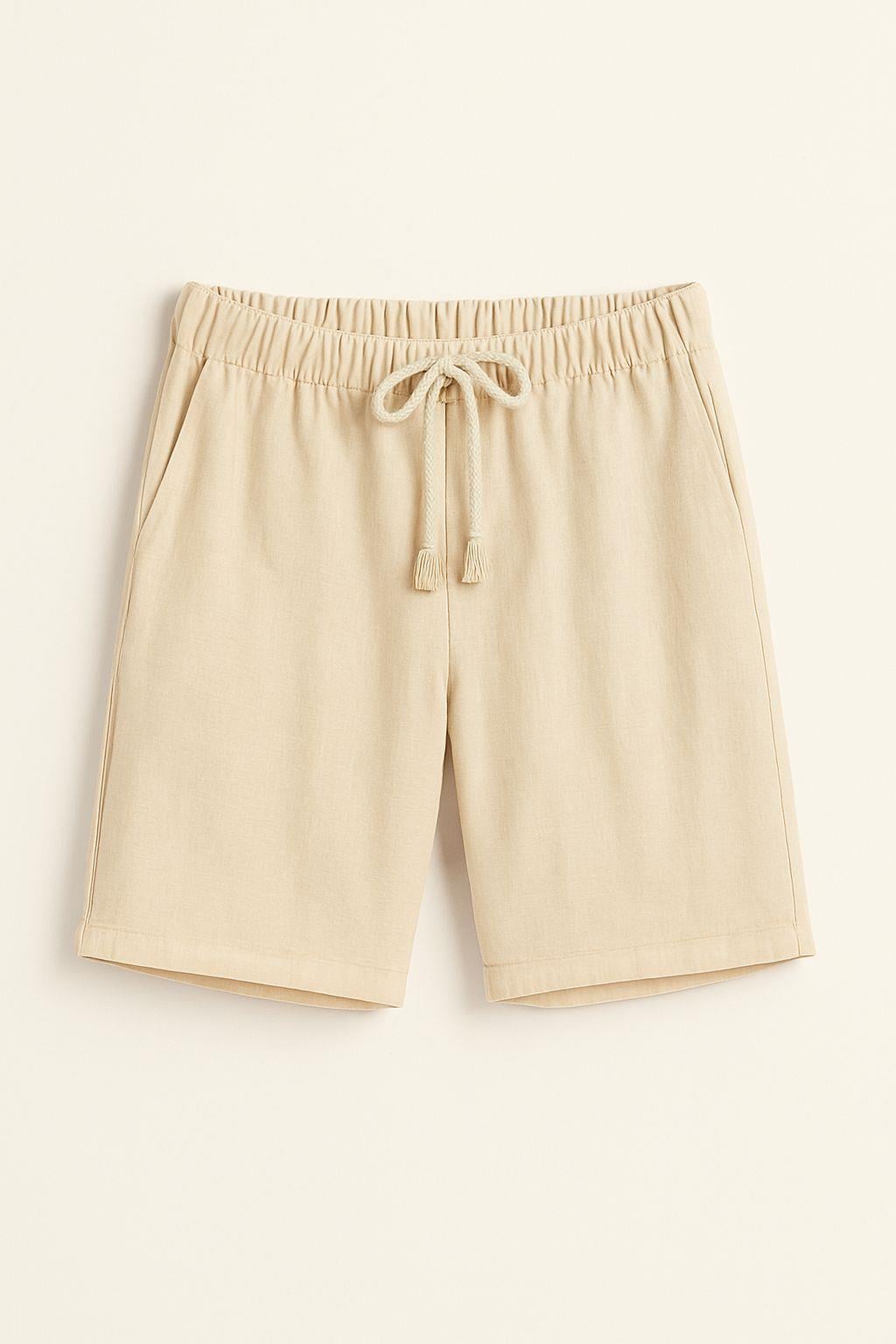 Erkek Beli Bağcıklı Relaxed Fit Keten Şort Bej Eca027