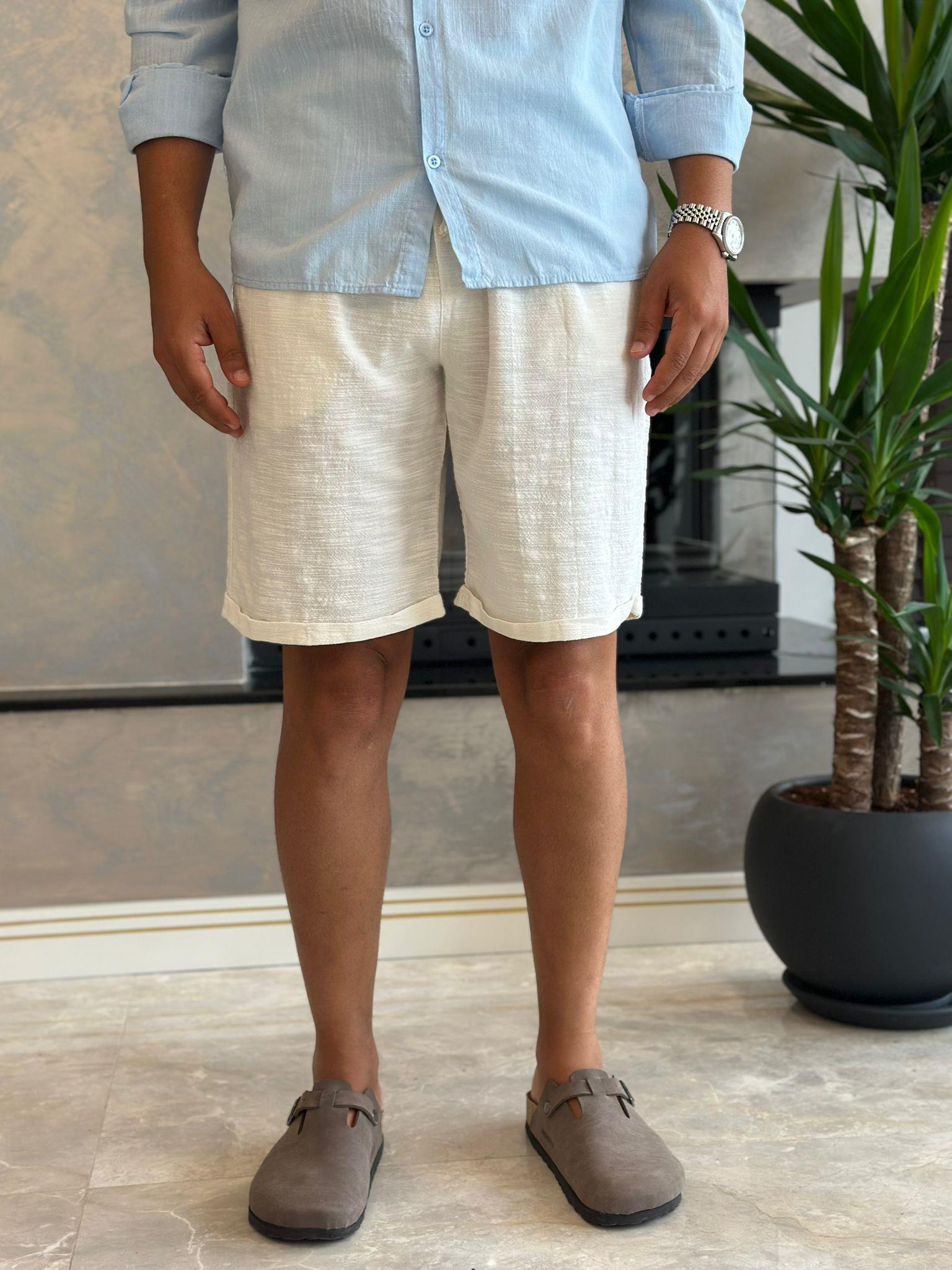 Erkek Beli Bağcıklı Relaxed Fit Keten Şort Krem Eca027