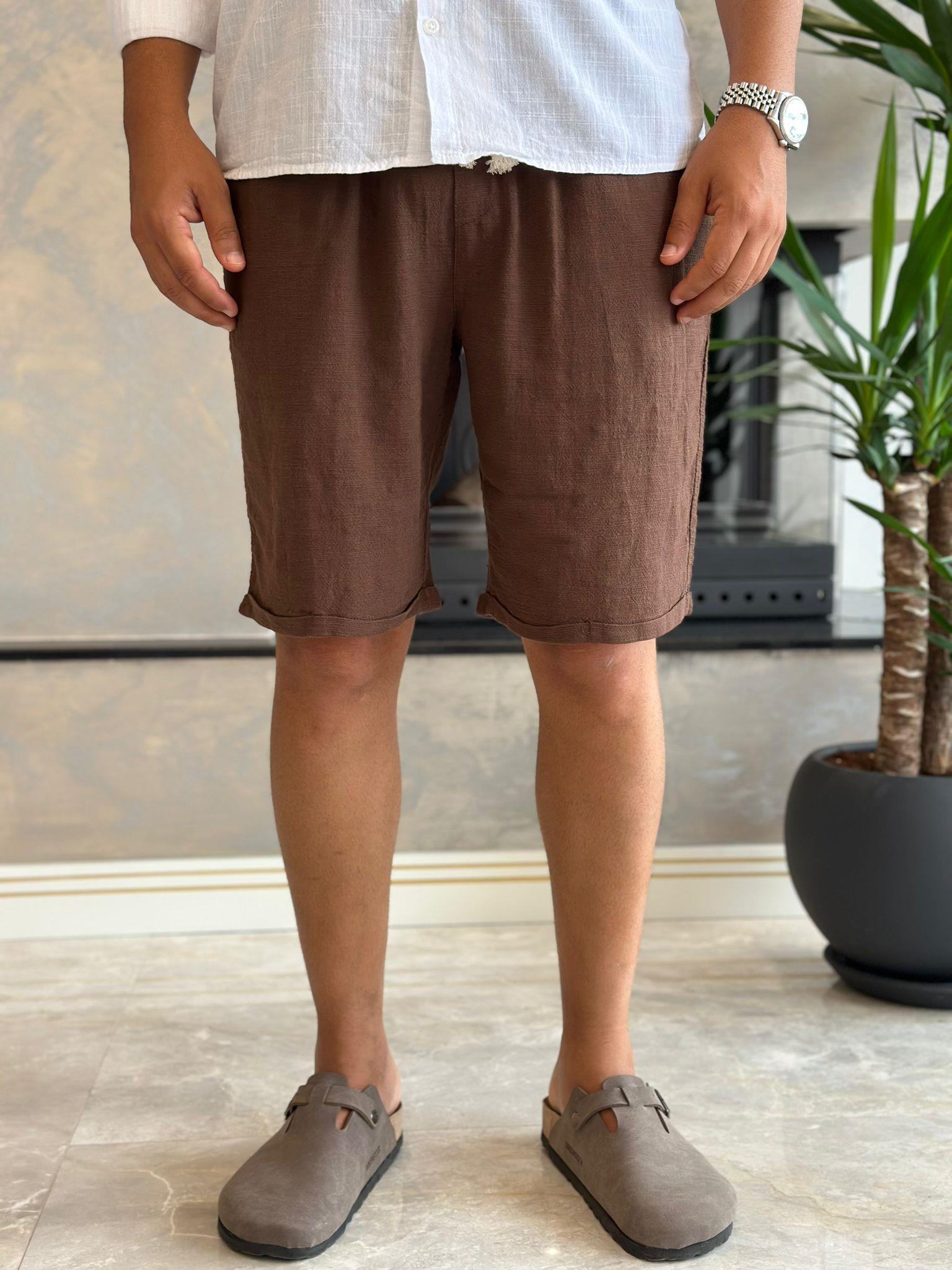 Erkek Beli Bağcıklı Relaxed Fit Keten Şort Kahverengi Eca027